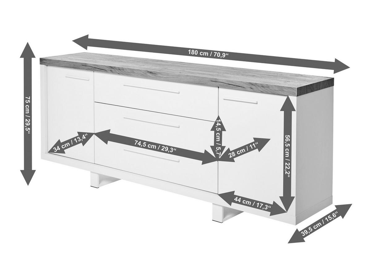 SIDEBOARD  in 180/75/39,50 cm  - Eichefarben/Weiß, KONVENTIONELL, Holzwerkstoff/Metall (180/75/39,50cm) - Livetastic