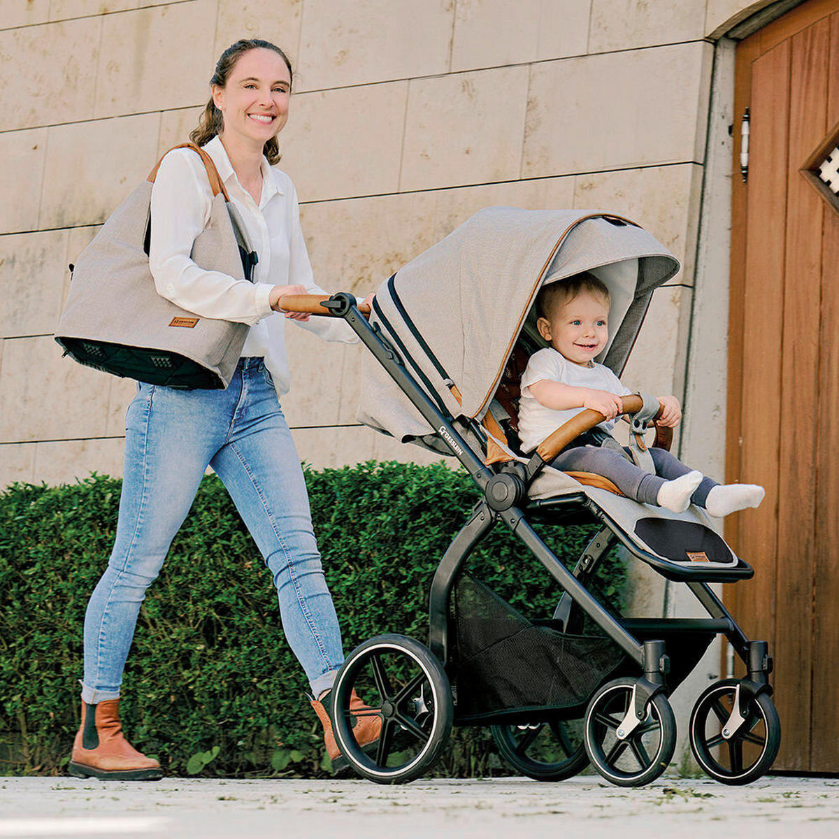 KINDERWAGENSET  FX4 Swing Set  Beige-Cognac  - Khaki/Cognac, Basics, Textil (100/55/130cm) - Gesslein