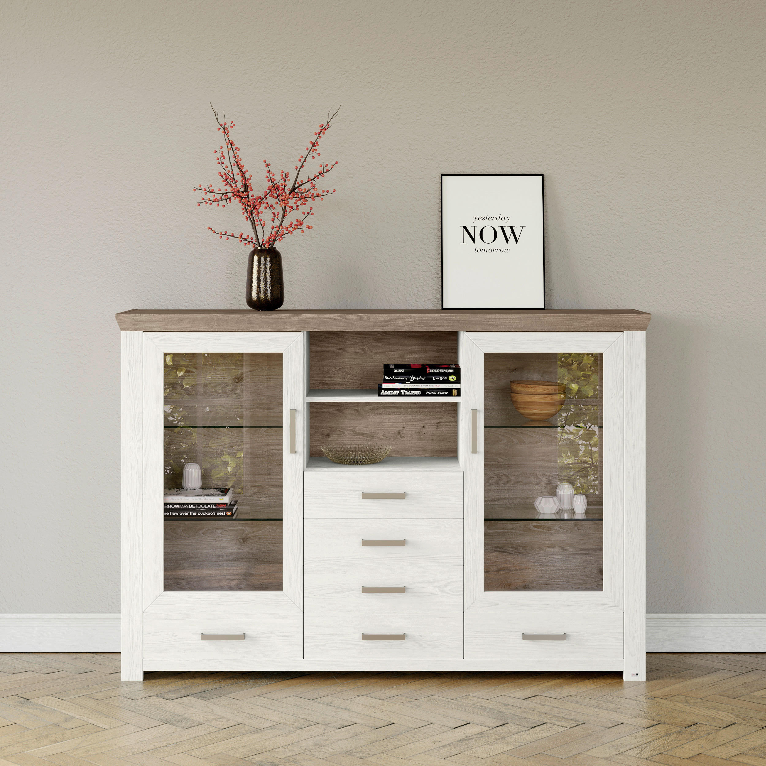 HIGHBOARD Weiß, Eichefarben - Eichefarben/Weiß, Design, Glas/Holzwerkstoff (184,1/126,6/44,2cm) - SetOne by Musterring