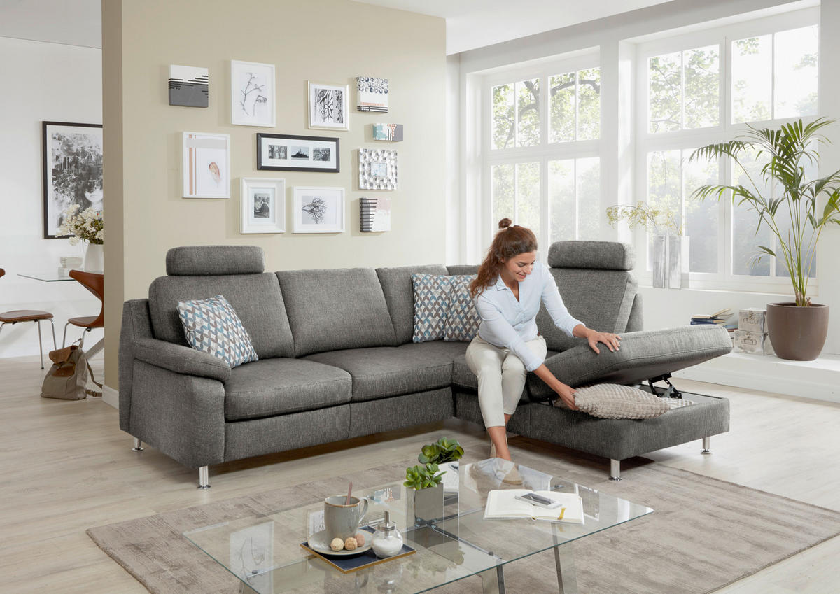 ECKSOFA in Webstoff Dunkelgrau  - Dunkelgrau/Alufarben, Konventionell, Textil/Metall (241/200cm) - Beldomo System
