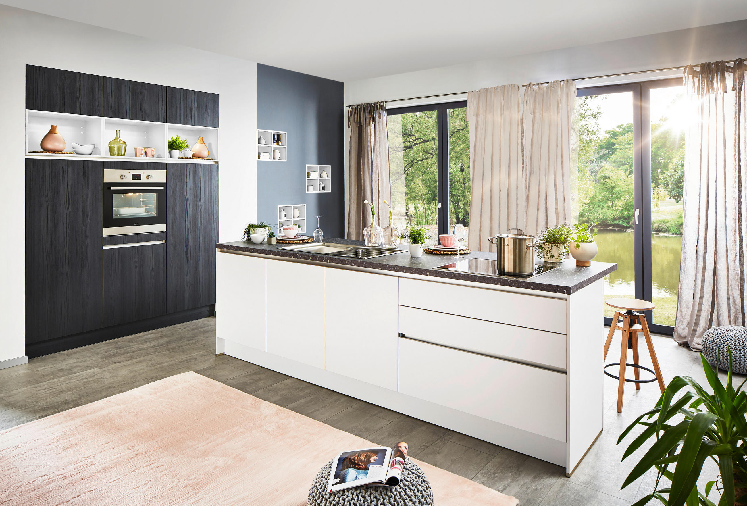 EINBAUKÜCHE UNO  - Eichefarben/Schwarz, Design, Holzwerkstoff - Moderano