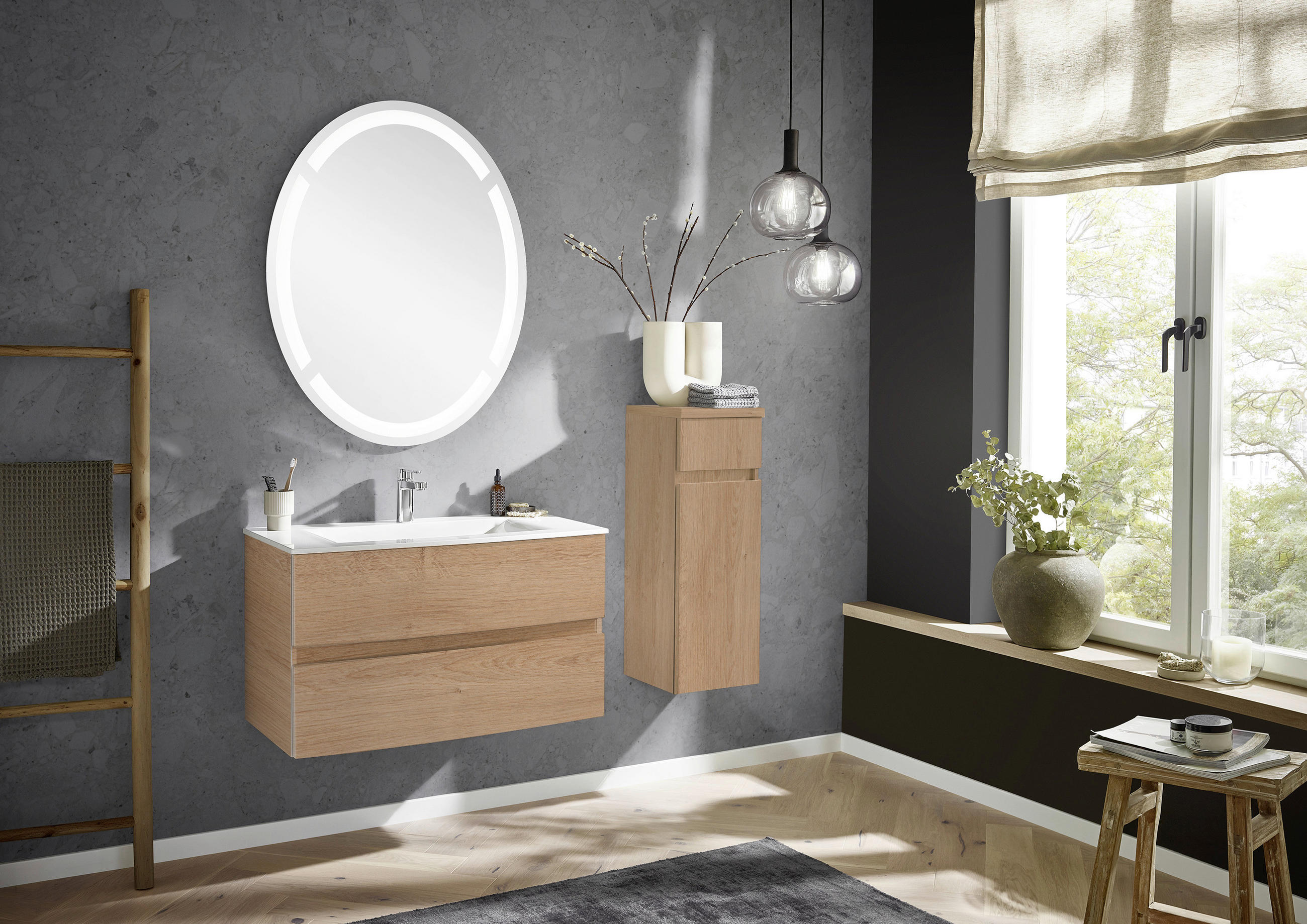 BADEZIMMER  in 91,2 cm  - Eichefarben/Weiß, Design, Holzwerkstoff/Stein (91,2cm) - Novel