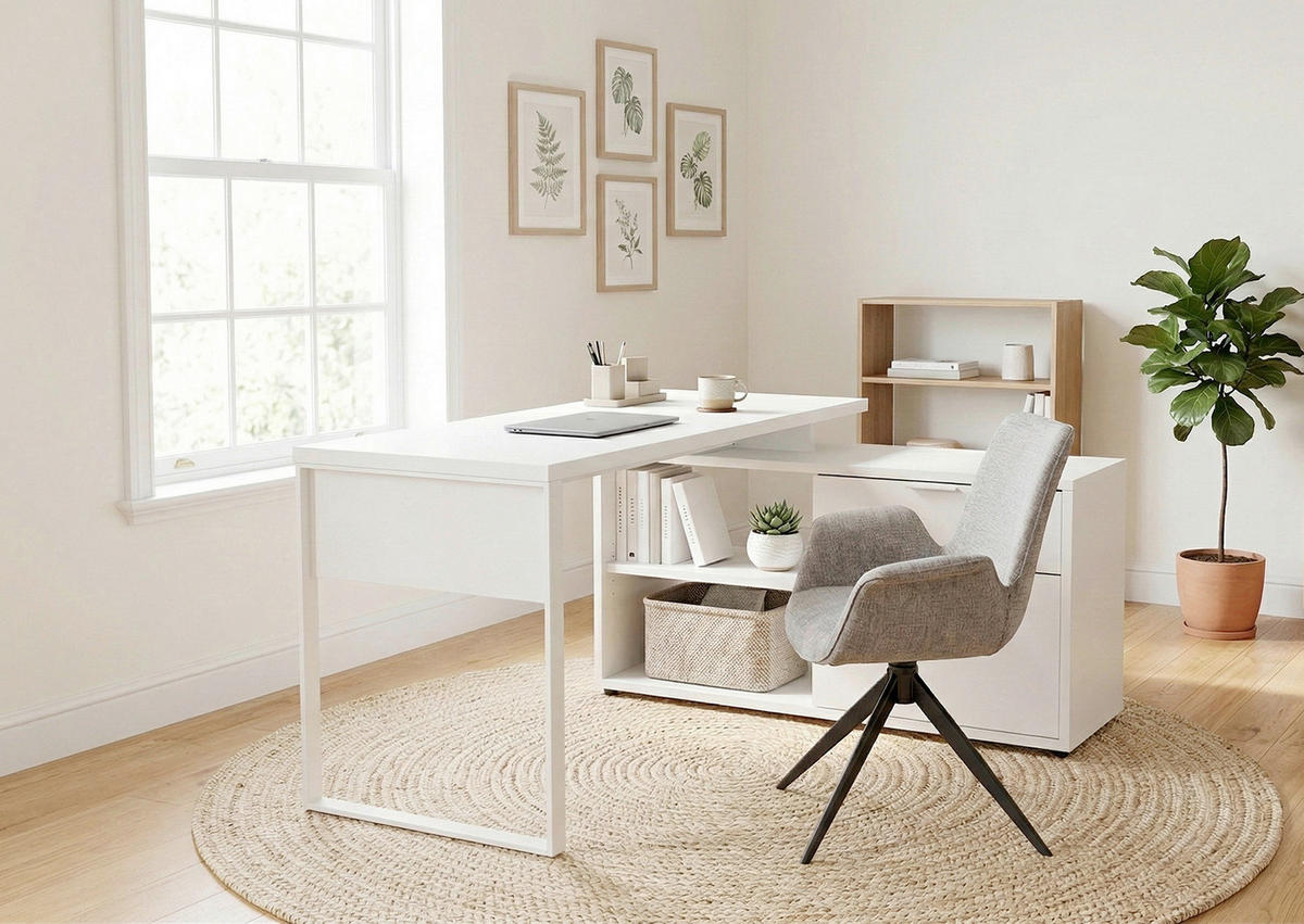 ECKSCHREIBTISCH 150/120/76 cm Weiß Kabeldurchlass, Stauraum, seitenverkehrt montierbar  - Weiß, MODERN, Holzwerkstoff/Metall (150/120/76cm) - MID.YOU