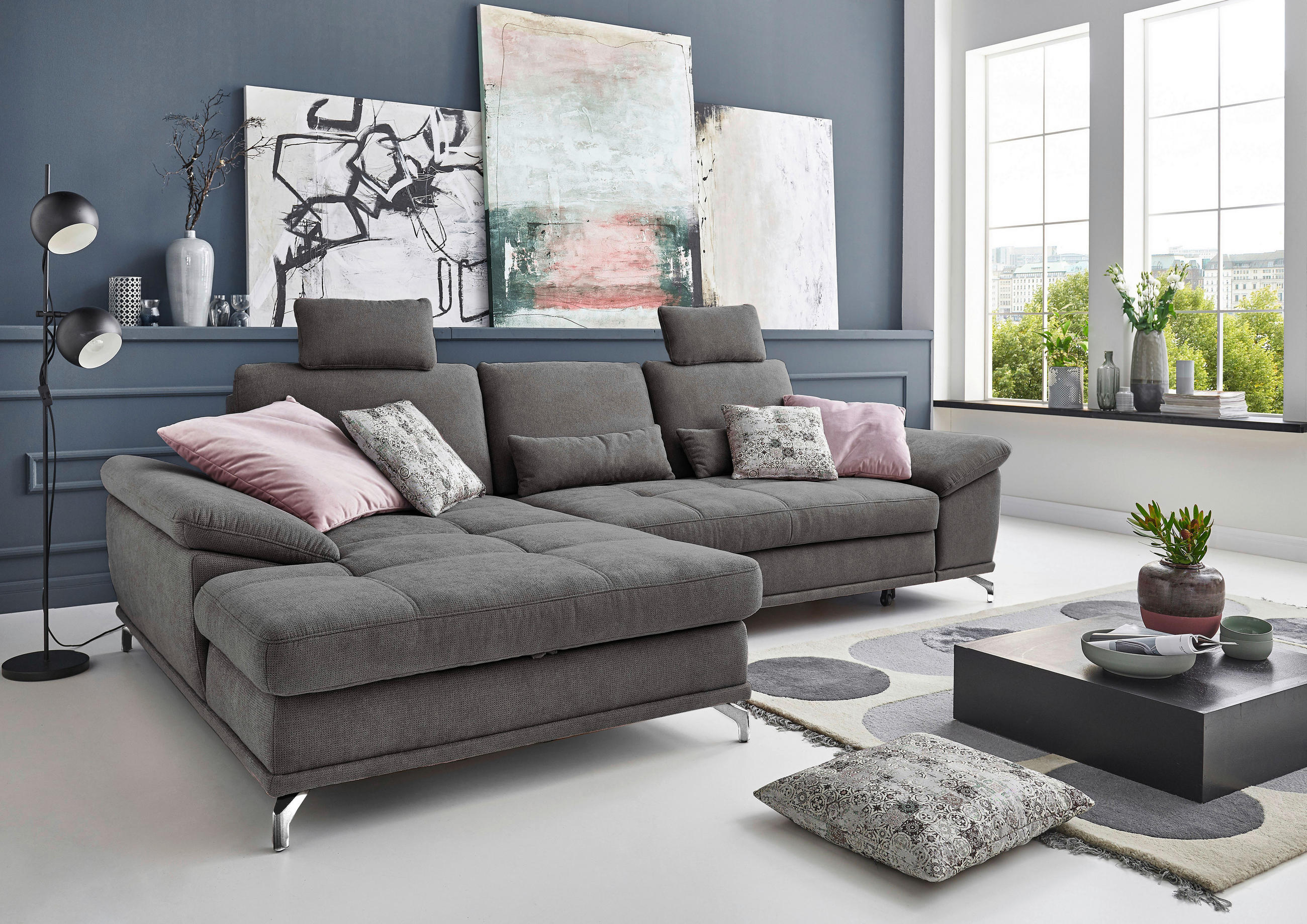 ECKSOFA  Flachgewebe Grau  - Silberfarben/Grau, Konventionell, Textil/Metall (176/301cm) - Sit & More