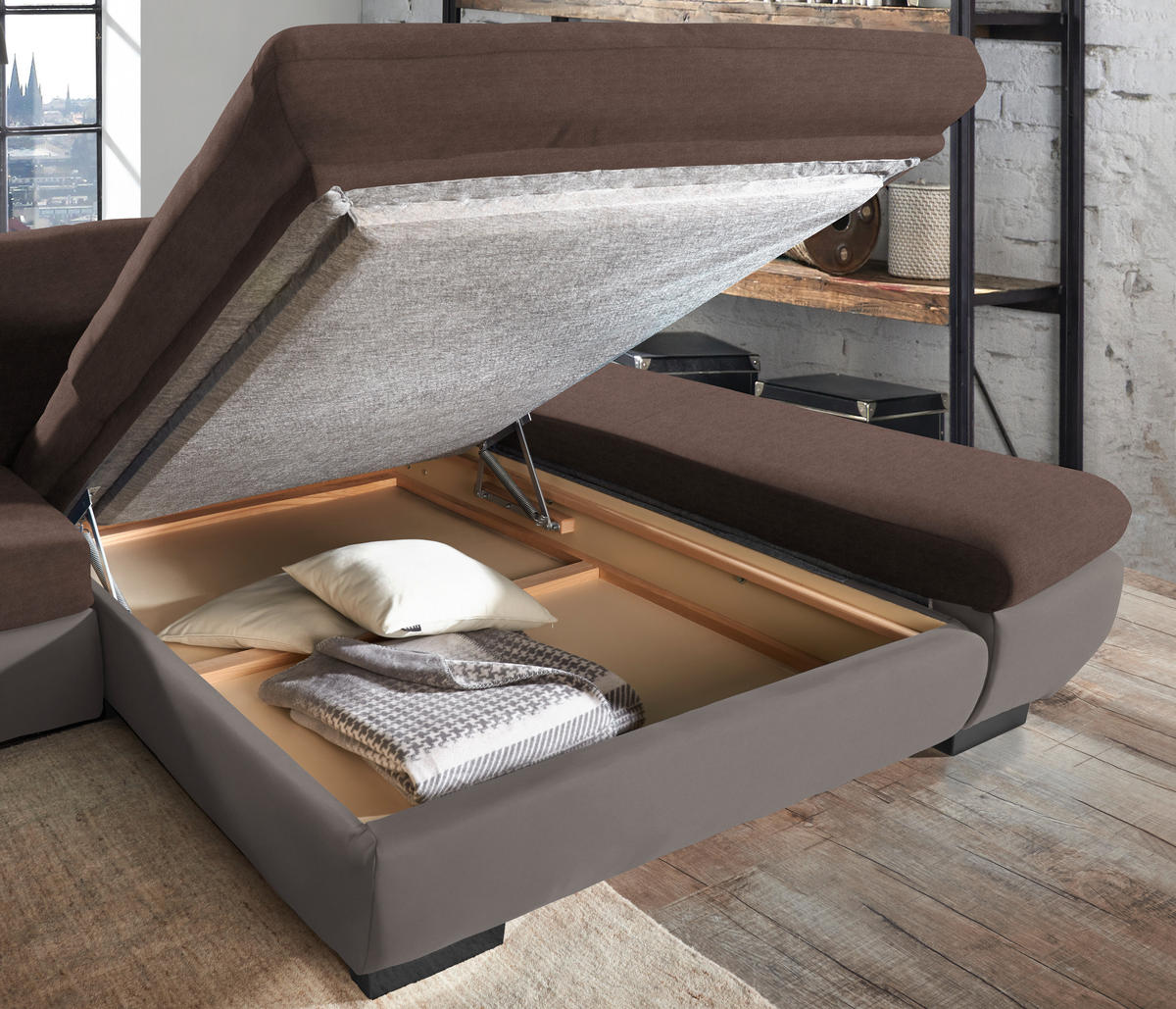 ECKSOFA in Mikrofaser Hellbraun  - Hellbraun/Schwarz, Design, Textil/Metall (204/341cm) - Xora