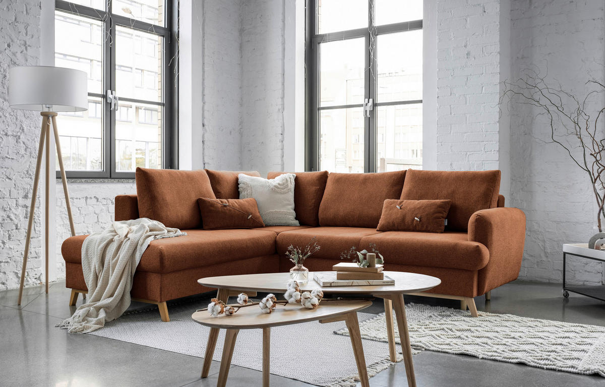 ECKSOFA in Chenille Terracotta  - Terracotta/Naturfarben, Holz/Textil (202/242cm) - MID.YOU