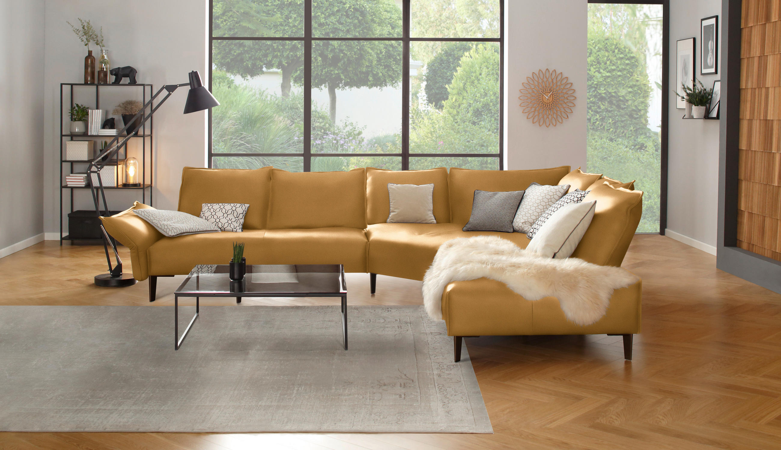 ECKSOFA in Echtleder Currygelb  - Currygelb/Schwarz, Design, Leder/Metall (340/272cm) - W.Schillig