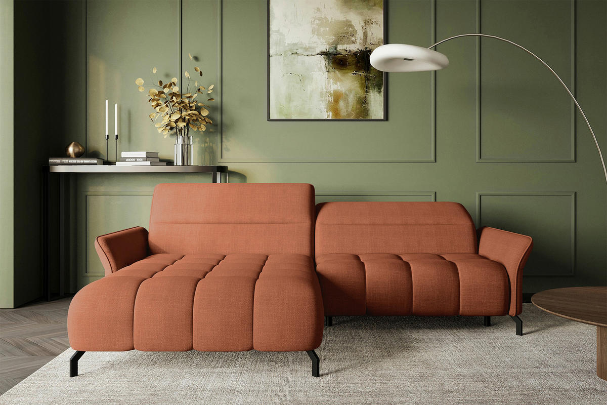 ECKSOFA Rostfarben Flachgewebe Rücken echt, Kopfteilverstellung, Sitztiefenverstellung  - Rostfarben/Schwarz, KONVENTIONELL, Textil/Metall (175/272cm) - Carryhome