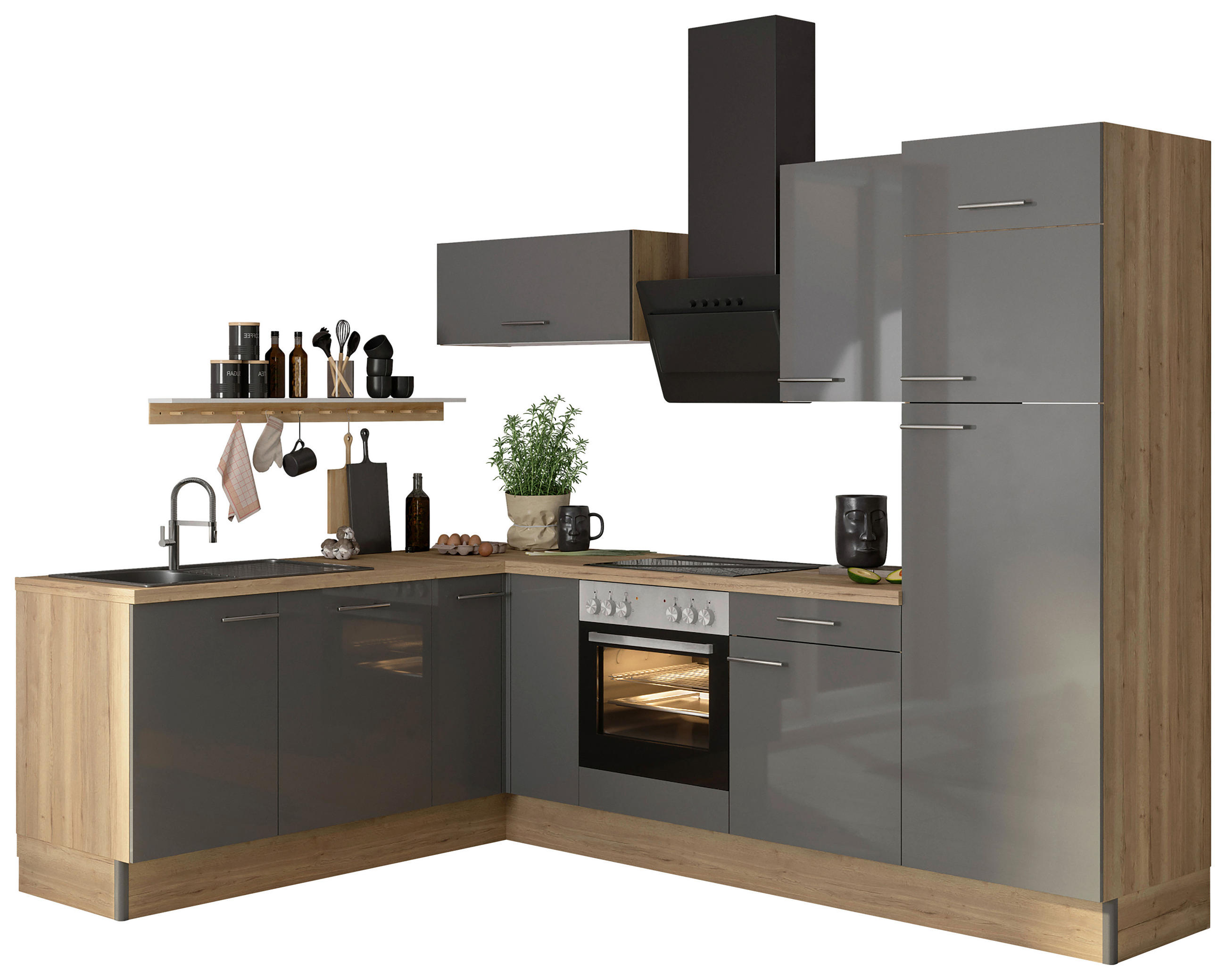 ECKKÜCHE 200/270 cm  in Anthrazit, Eichefarben  - Edelstahlfarben/Eichefarben, Basics, Holzwerkstoff/Metall (200/270cm) - Optifit