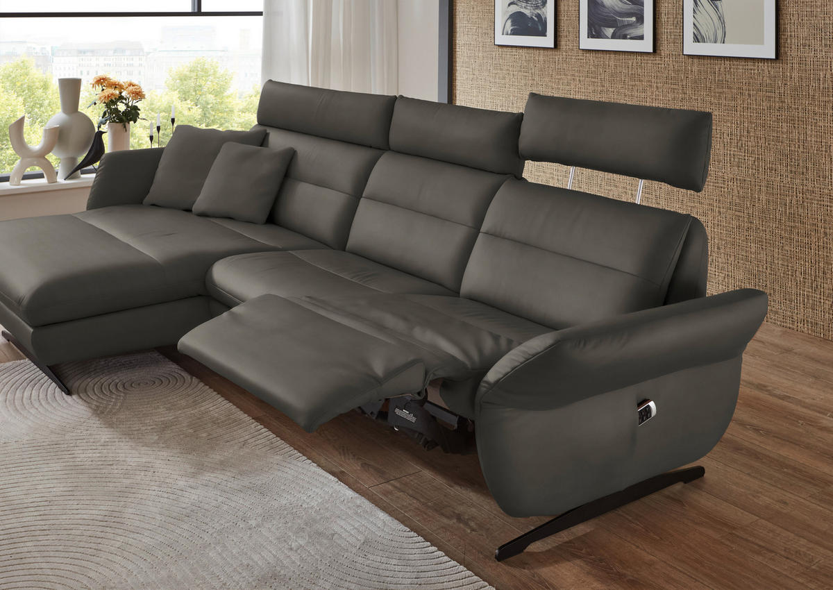 ECKSOFA in Echtleder Dunkelgrau  - Dunkelgrau/Schwarz, Design, Leder/Metall (169/298cm) - Dieter Knoll