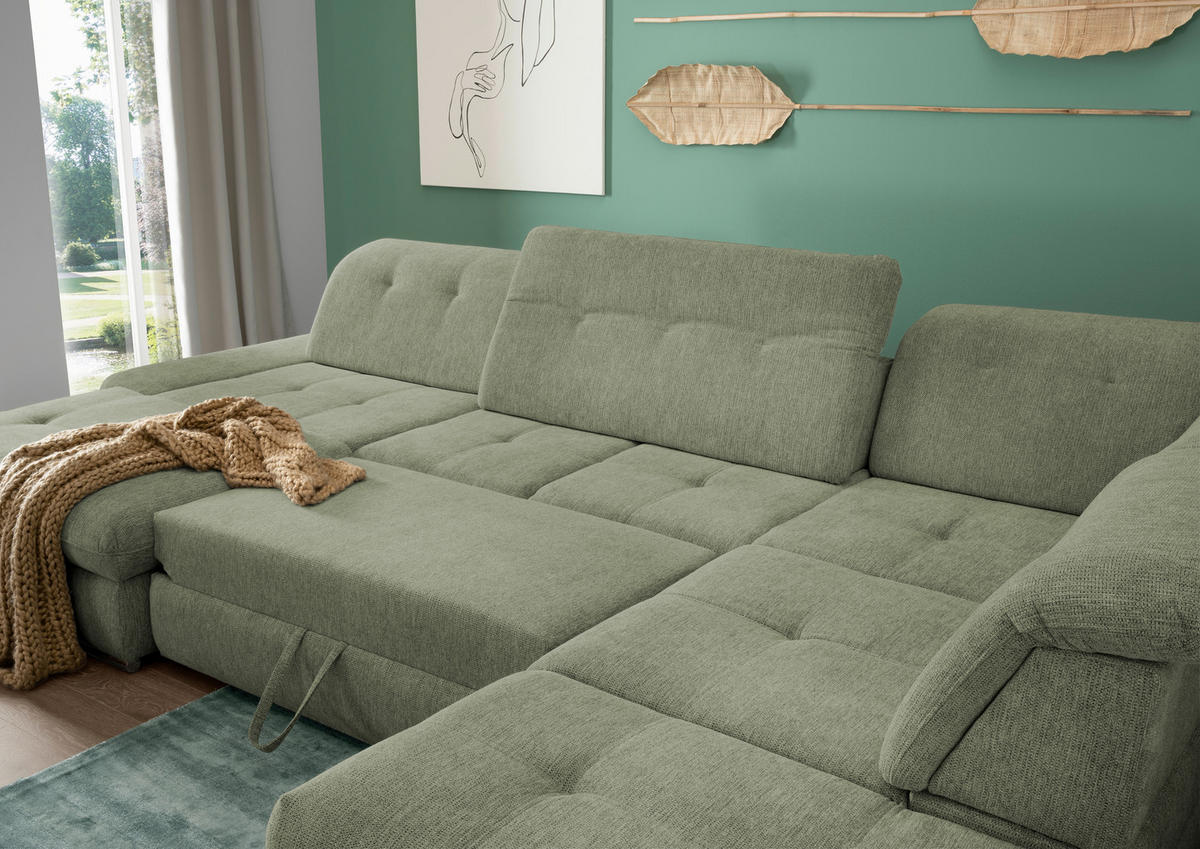 WOHNLANDSCHAFT Chenille Grün  - Chromfarben/Grün, Design, Textil/Metall (195/376/254cm) - Livetastic