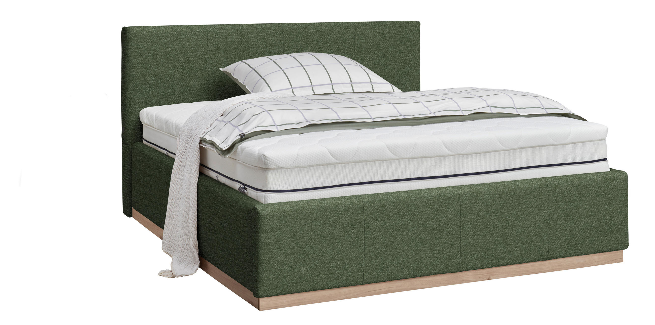 POLSTERBETT Beleuchtung, Lattenrost, Bettkasten Grün 160/200 cm  - Birkefarben/Hickory, Design, Holz/Holzwerkstoff (160/200cm) - Lomoco
