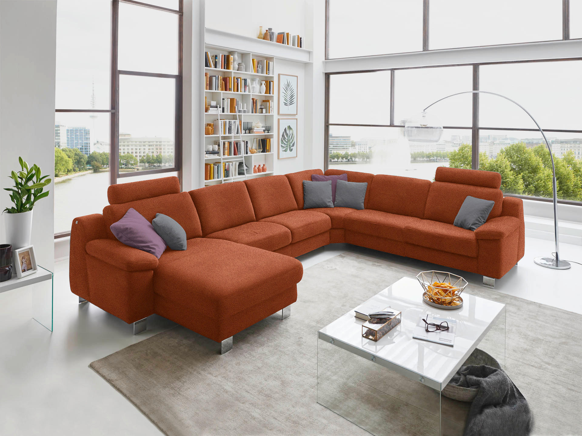 WOHNLANDSCHAFT in Mikrofaser Orange, Terracotta  - Chromfarben/Terracotta, Design, Textil/Metall (166/364/278cm) - Valdera