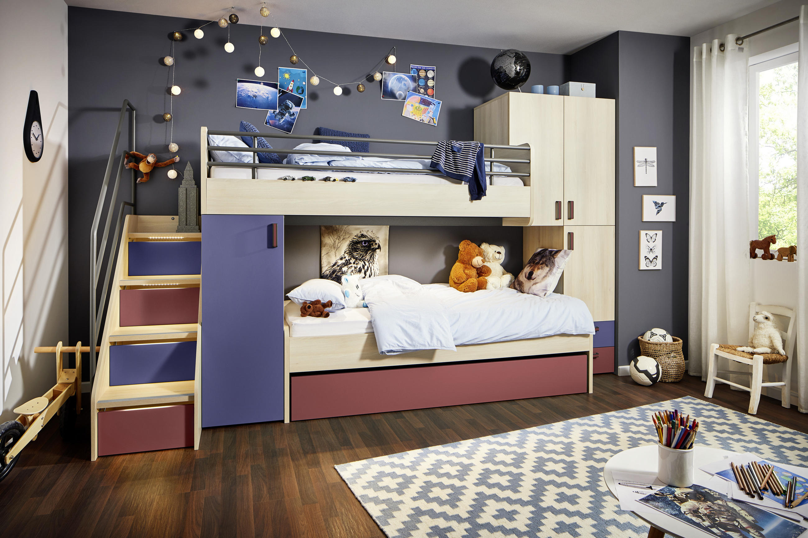 JUGENDZIMMER - Blau/Rot, Design, Holzwerkstoff (348/210/123cm) - Novel