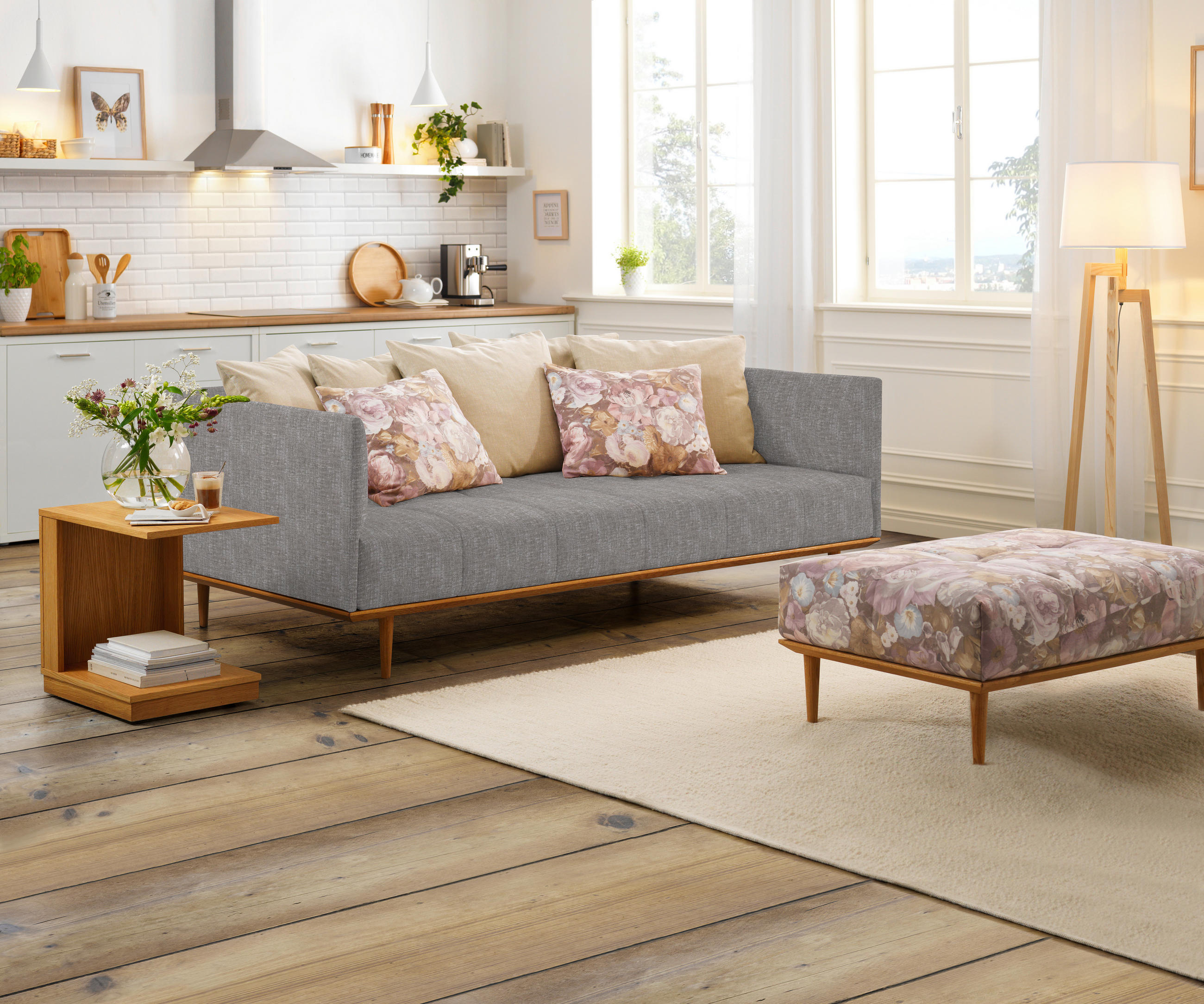 BIGSOFA Flachgewebe Grau  - Grau, MODERN, Holz/Textil (220/77/120cm) - Joka