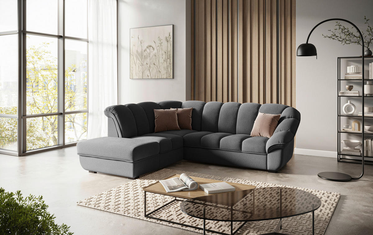 ECKSOFA Schwarz Chenille Bettkasten, Schlaffunktion, Rücken echt  - Schwarz, KONVENTIONELL, Kunststoff/Textil (222/260cm) - Welnova