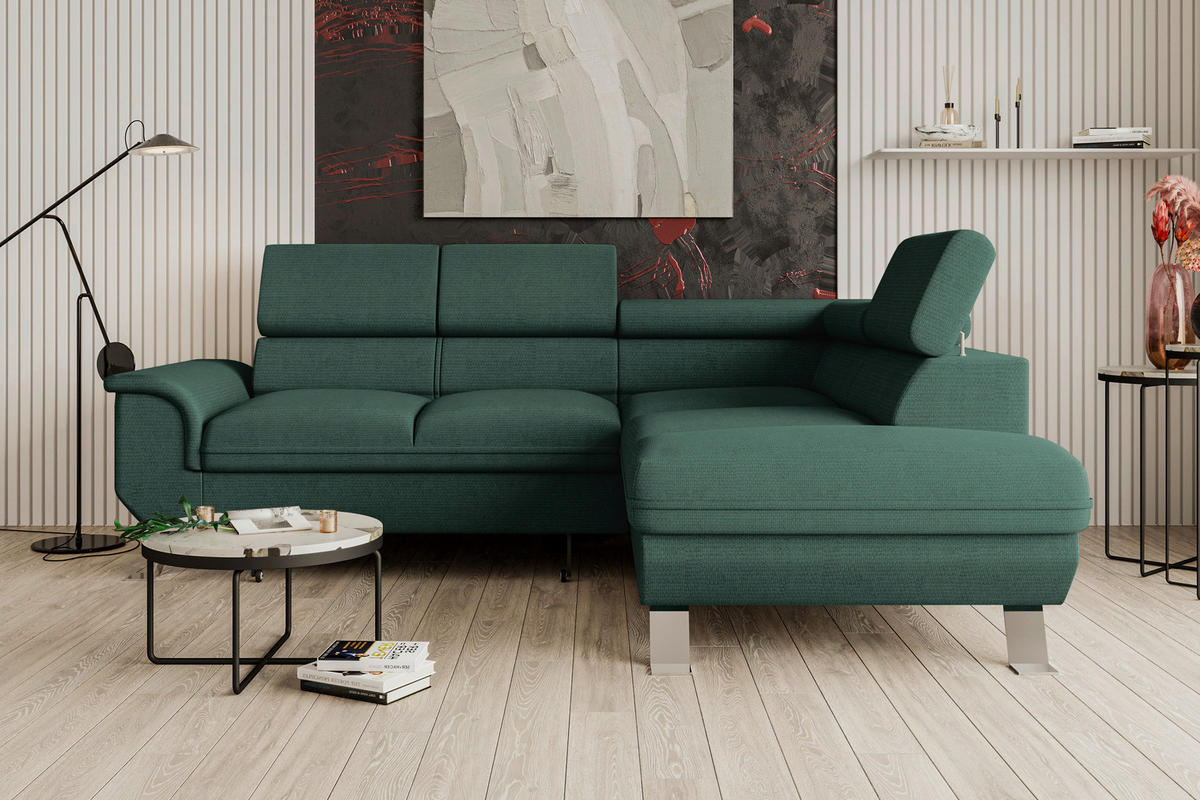 ECKSOFA in Struktur Dunkelgrün  - Dunkelgrün/Silberfarben, Konventionell, Textil/Metall (268/207cm) - MID.YOU