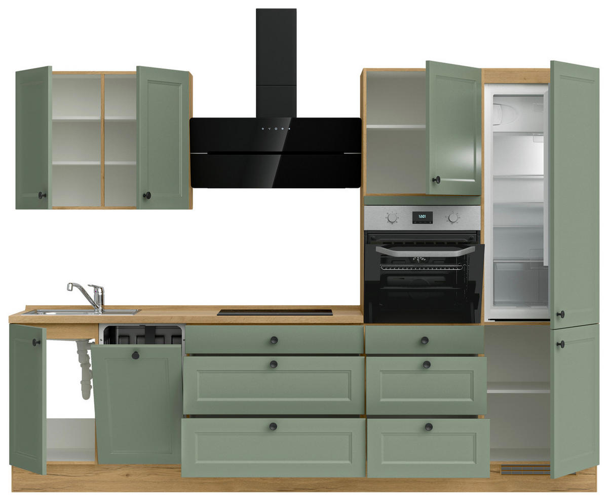 KÜCHENBLOCK Cascada 300 cm  in Eichefarben, Schilfgrün  - Schilfgrün/Eichefarben, MODERN, Holzwerkstoff/Metall (300cm) - Nobilia