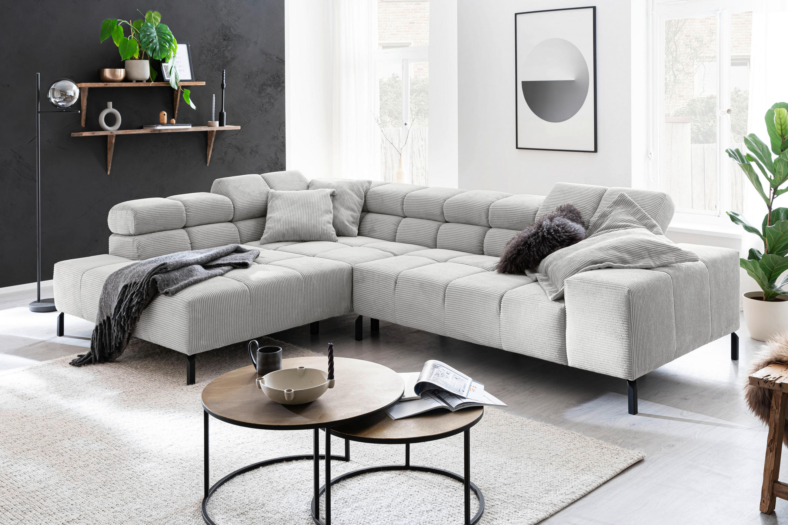 ECKSOFA in Cord Grau  - Schwarz/Grau, Design, Textil/Metall (216/321cm) - Hom`in