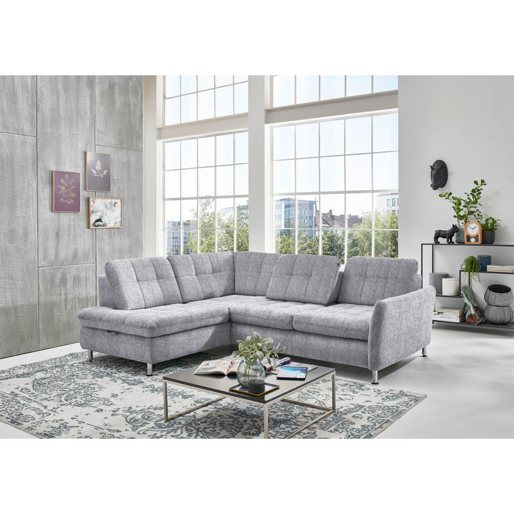 Thumbnail - Beldomo Style Ecksofa, Grau, Textil, 3-Sitzer, Ottomane links, L-Form, 242x210 cm, Goldenes M, Bettkasten erhältlich, St...