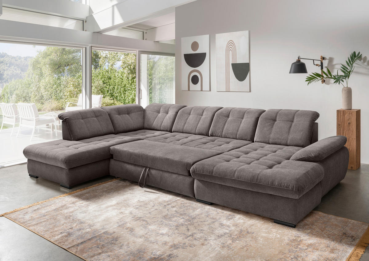 WOHNLANDSCHAFT Graubraun Chenille  - Graubraun/Schwarz, MODERN, Textil/Metall (252/387/184cm) - Livetastic