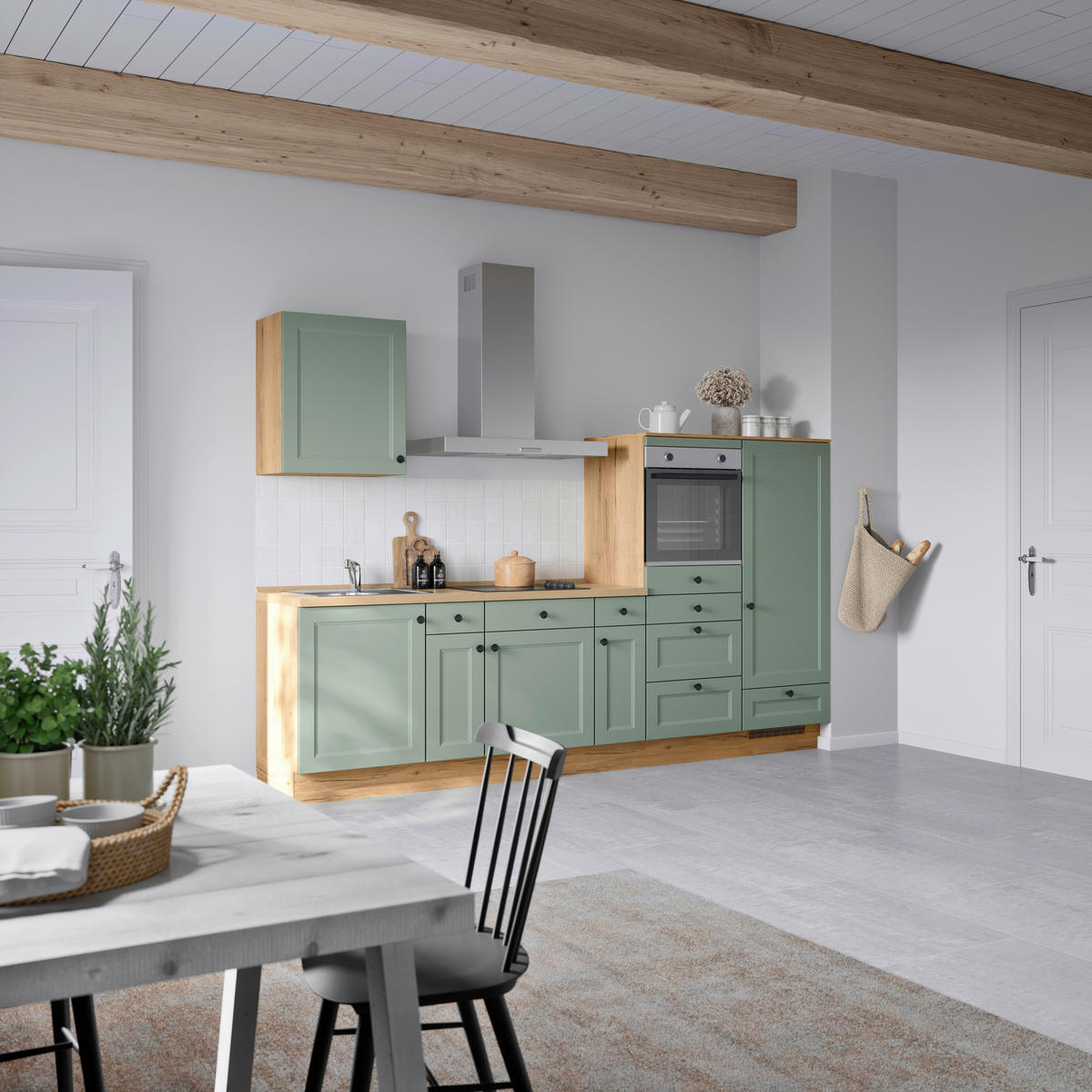 BUCĂTĂRIE FĂRĂ ELECTROCASNICE  - verde/culoare lemn stejar, Modern, metal/material pe bază de lemn (300cm) - Nobilia