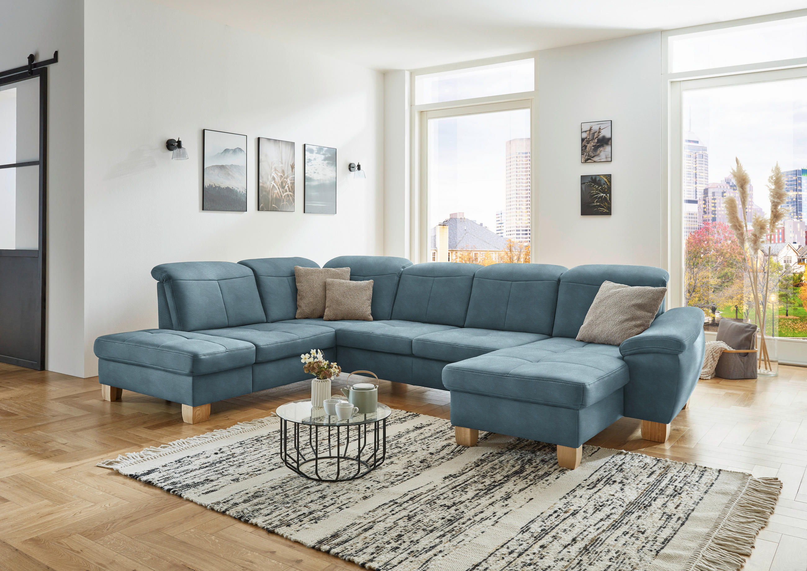 WOHNLANDSCHAFT in Mikrofaser Hellblau  - Wildeiche/Beige, Konventionell, Holz/Textil (243/343/185cm) - Voleo