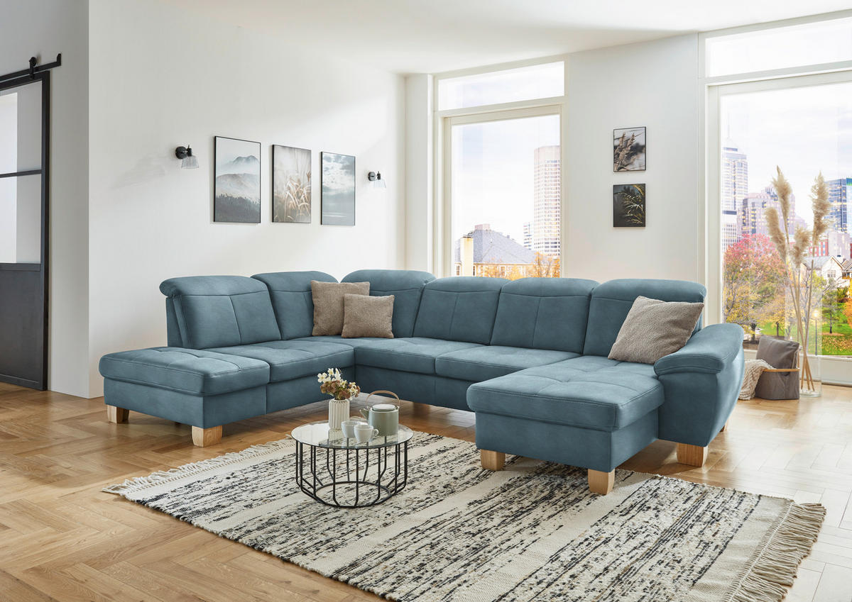 WOHNLANDSCHAFT in Mikrofaser Hellblau  - Wildeiche/Beige, Konventionell, Holz/Textil (243/343/185cm) - Voleo