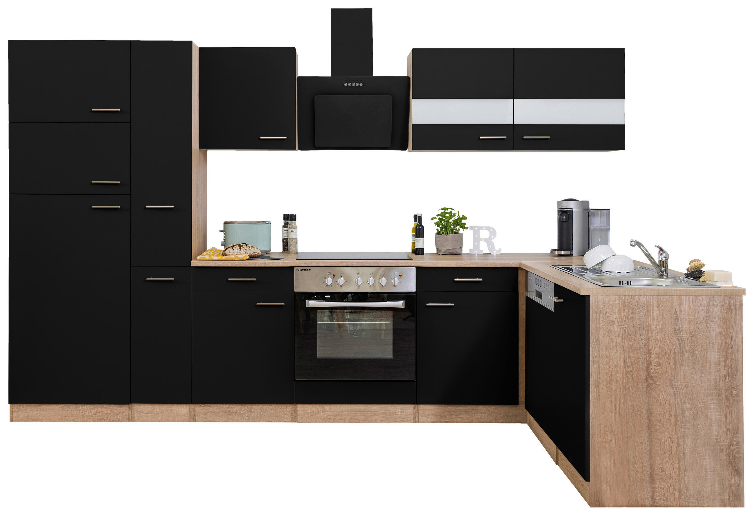 MODULKÖK UTAN VITVAROR  310/172 cm  i svart  - silver/svart, Basics, metall/trämaterial (310/172cm) - Respekta