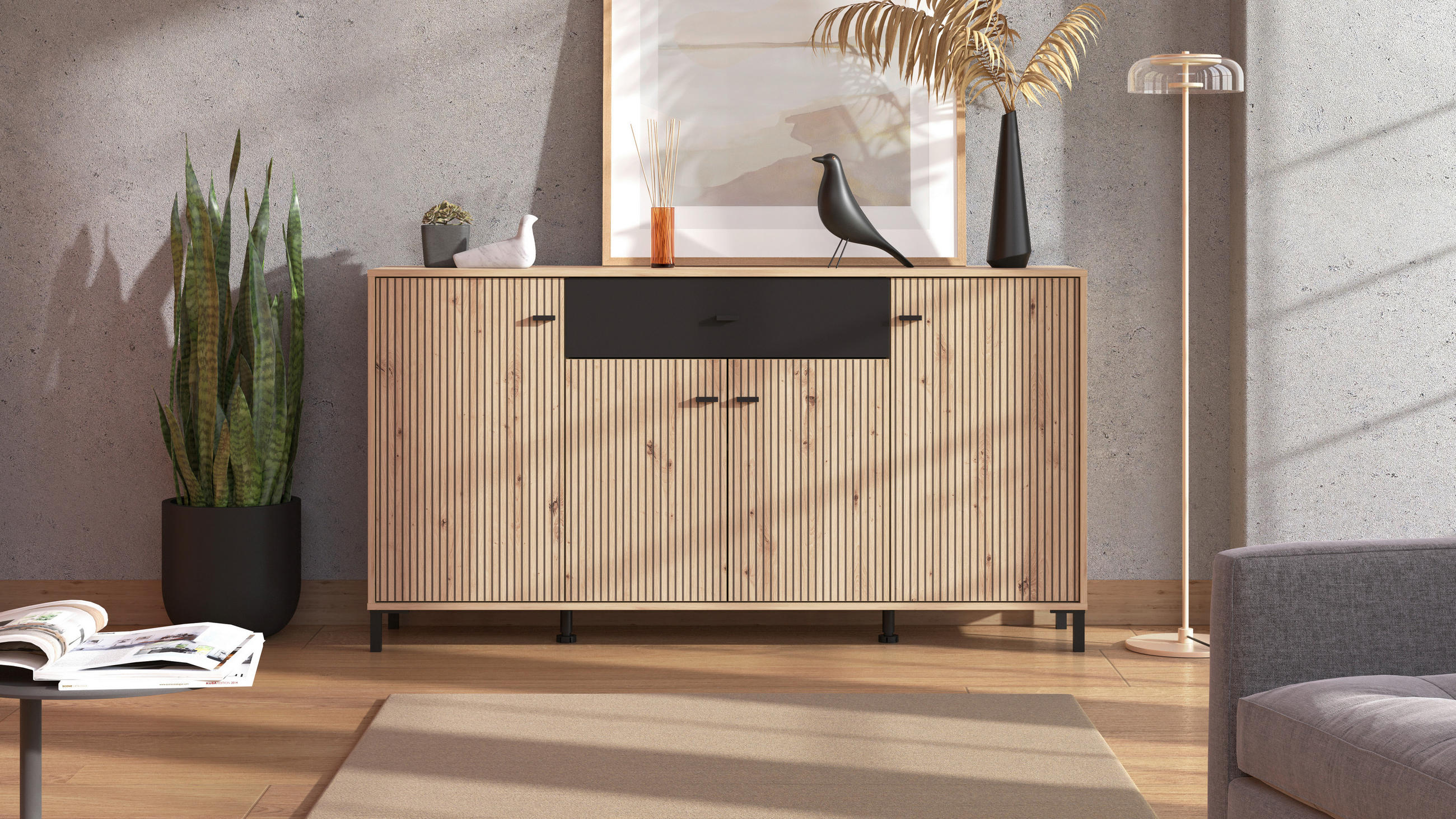 Thumbnail - Carryhome Sideboard, Schwarz, Eiche Artisan, Kunststoff, 3 Fächer, 1 Schublade(n) Schubladen, 170x90x40 cm, Typenauswahl...