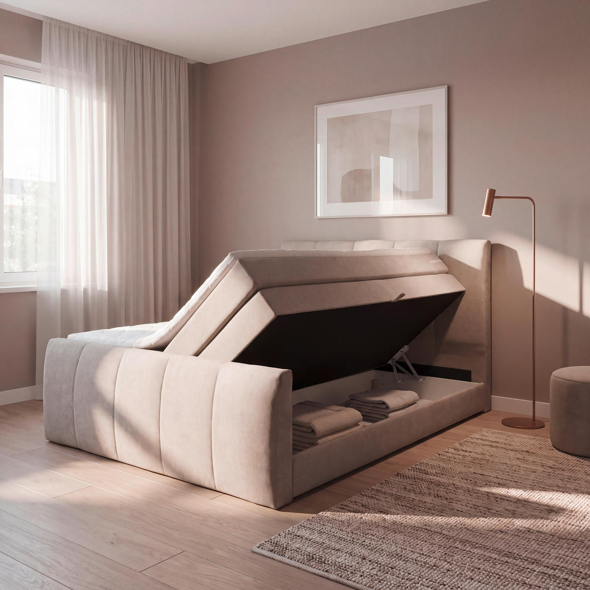 BOXSPRINGBETT 140/200 cm,  in Schlammfarben, gepolstertes Kopfteil, Bettkasten, Topper, H2 + H2 = mittel  - Schlammfarben/Schwarz, Basics, Kunststoff/Textil (140/200cm) - Boxxx