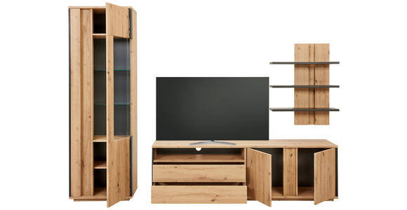 WOHNWAND 3-teilig  in Grau, Eichefarben  252/200/41 cm  - Eichefarben/Grau, Design, Glas/Holzwerkstoff (252/200/41cm) - Cantus