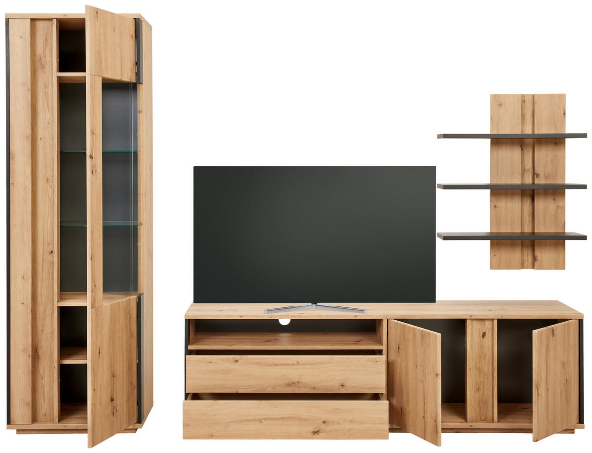 WOHNWAND 3-teilig  in Grau, Eichefarben  252/200/41 cm LED-Leuchtmittel   - Eichefarben/Grau, Design, Glas/Holzwerkstoff (252/200/41cm) - Cantus