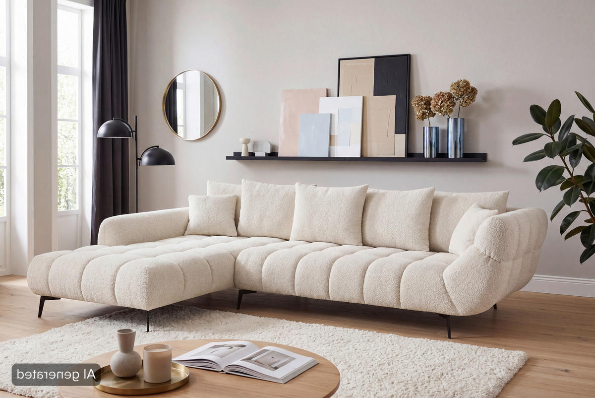ECKSOFA Naturfarben Bouclé Zierkissen, Rückenkissen, Rücken echt  - Schwarz/Naturfarben, MODERN, Textil/Metall (217/318cm) - Carryhome