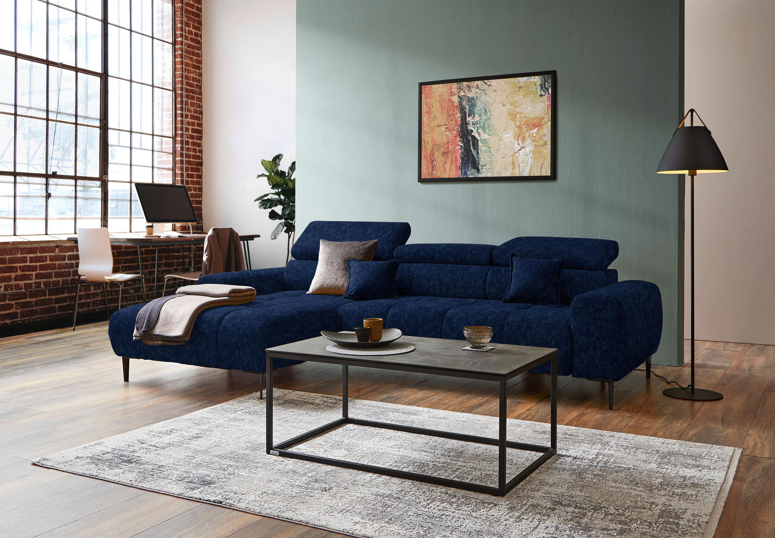 ECKSOFA in Samt, Webstoff Dunkelblau  - Schwarz/Dunkelblau, Design, Textil/Metall (177/270cm) - Welnova
