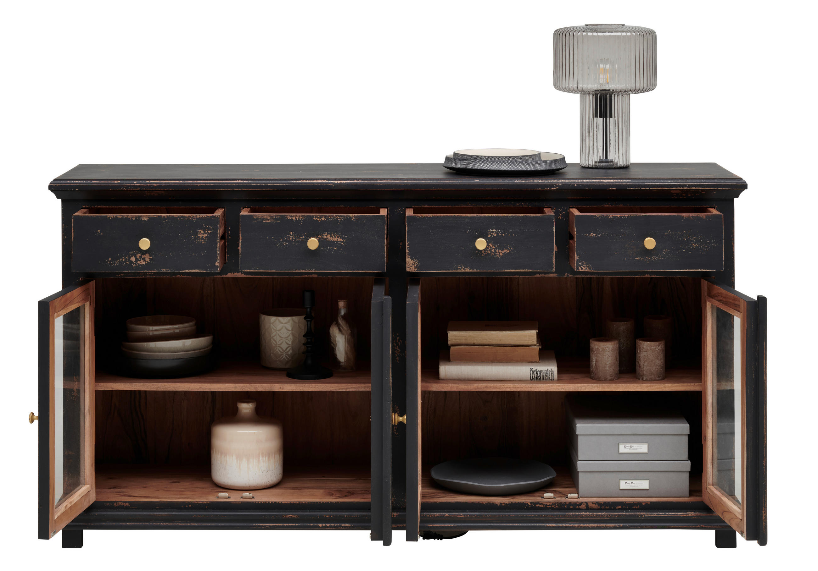 SIDEBOARD Schwarz  160/85/42 cm  - Goldfarben/Schwarz, LIFESTYLE, Glas/Holz (160/85/42cm) - Ambia Home