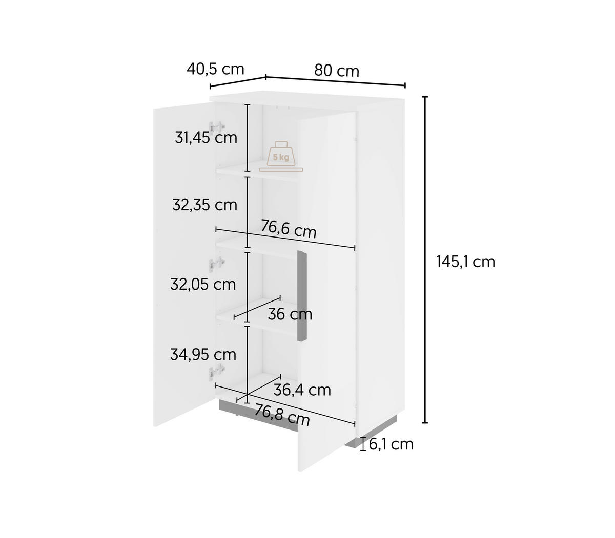 HIGHBOARD Tuluza 80/145,1/40,5 cm  - Weiss Hochglanz/Weiss, Design, Holzwerkstoff/Metall (80/145,1/40,5cm) - MID.YOU