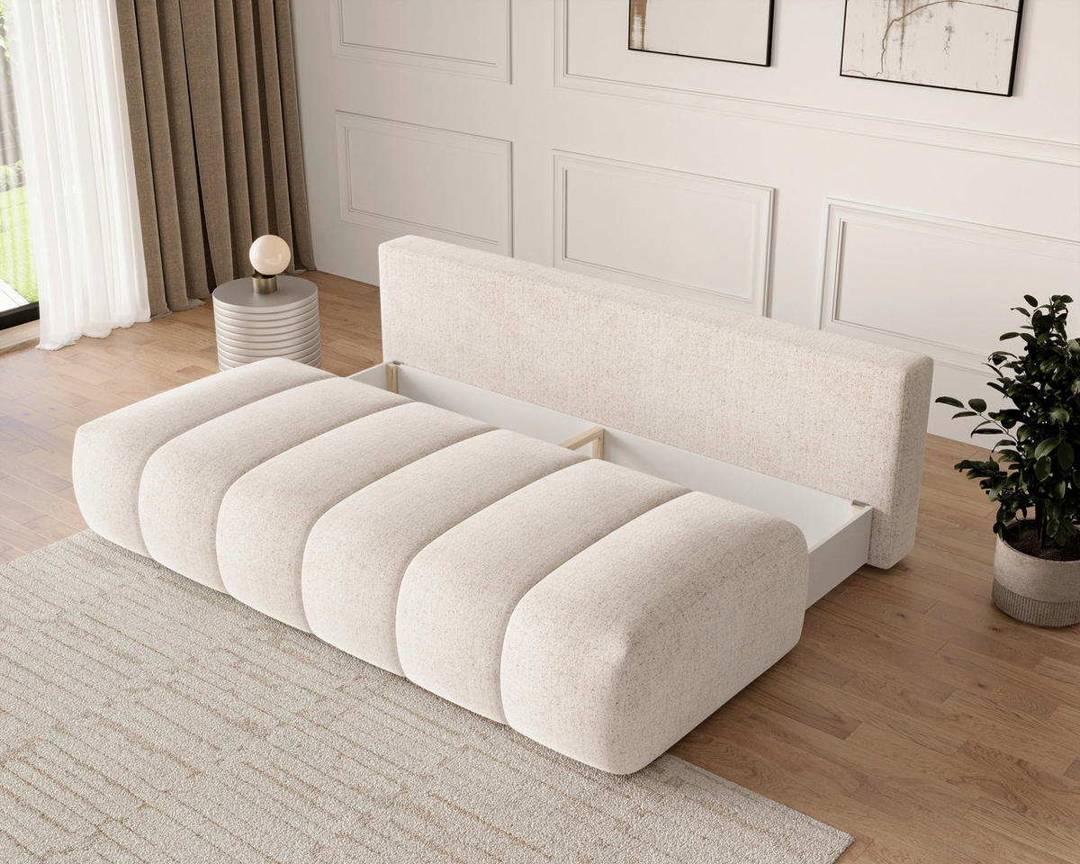 SCHLAFSOFA Chenille Creme  inkl. Zierkissen, Rückenkissen, Bettkasten, Schlaffunktion, Rücken echt, Liegefläche im Originalstoff  - Creme/Schwarz, MODERN, Kunststoff/Textil (210/88/104cm) - Milino