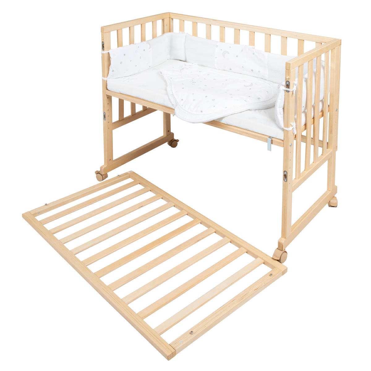 BEISTELLBETT Stubenbett 3 in 1 Sternenzauber  - Hellgrau/Naturfarben, Basics, Holzwerkstoff/Textil (49,5/85,5/90cm) - Roba