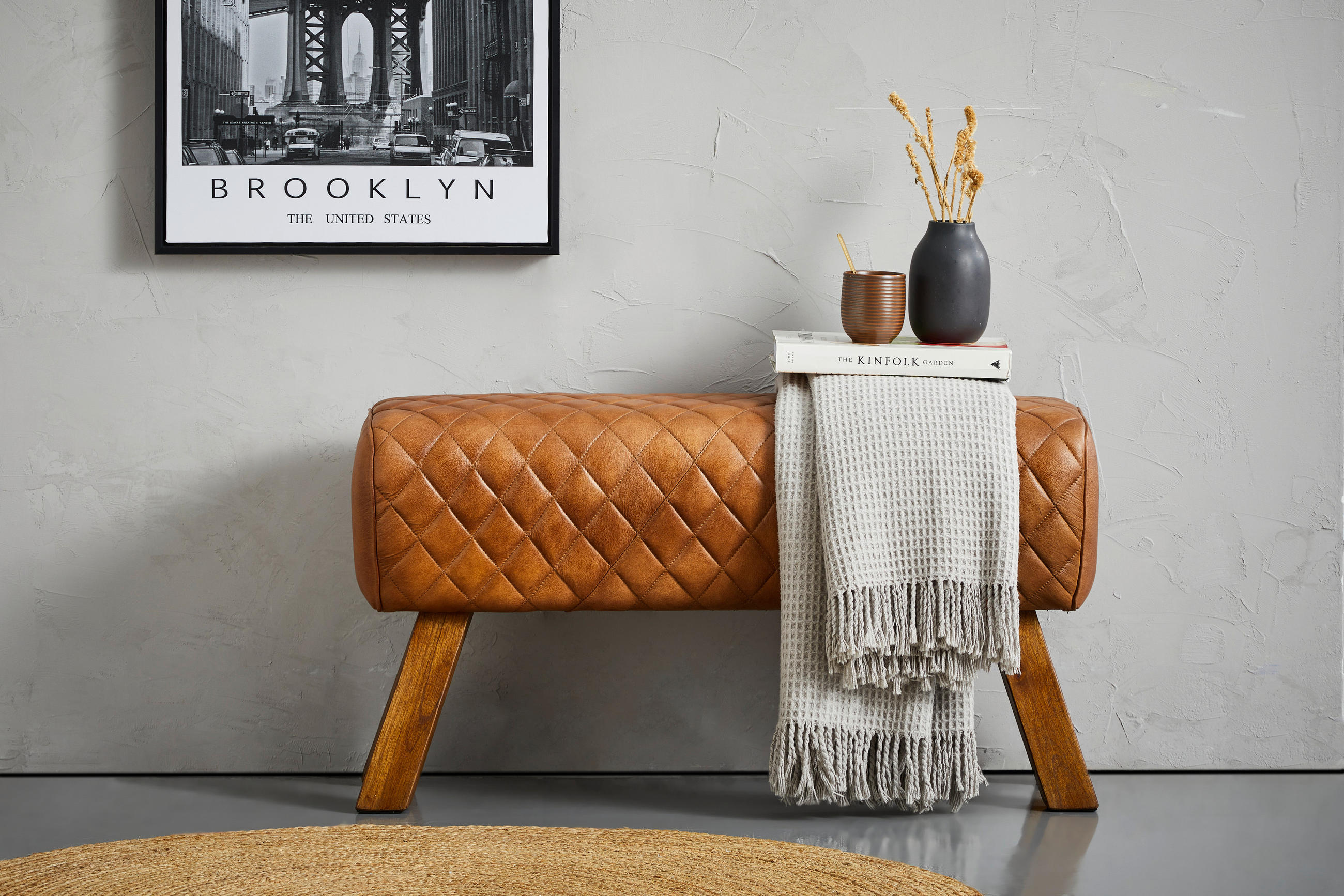 HOCKERBANK 90/46/30 cm Echtleder Braun Mangoholz massiv  - Naturfarben/Braun, LIFESTYLE, Leder/Holz (90/46/30cm) - Livetastic