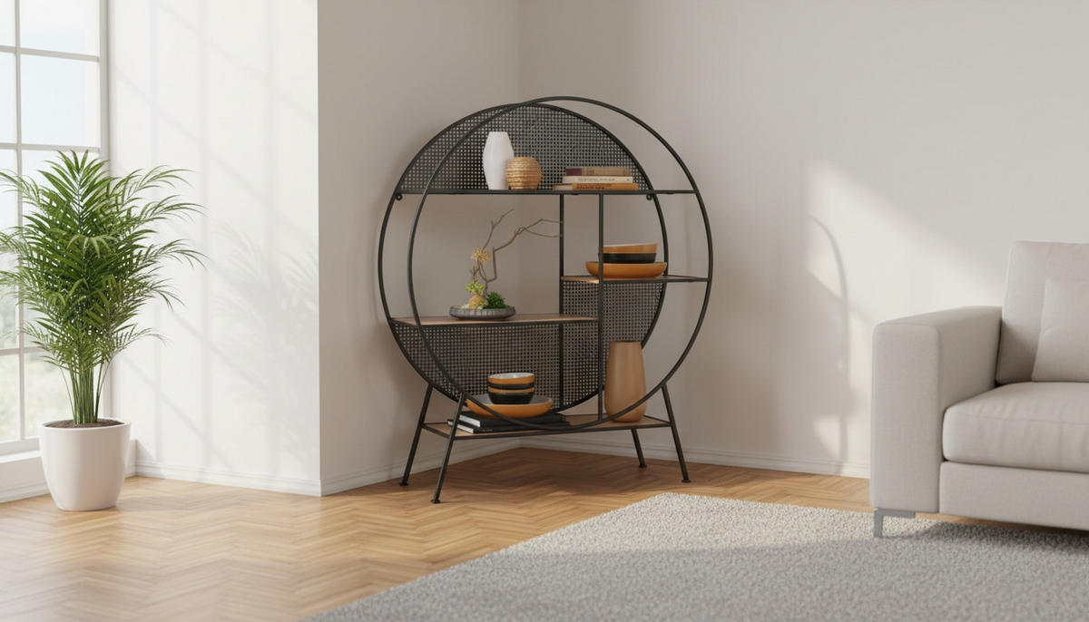 Etajeră, 109,5/131/33 cm, negru, culoare lemn stejar,  - culoare lemn stejar/negru, Trend, metal/material pe bază de lemn (109,5/131/33cm) - Xora