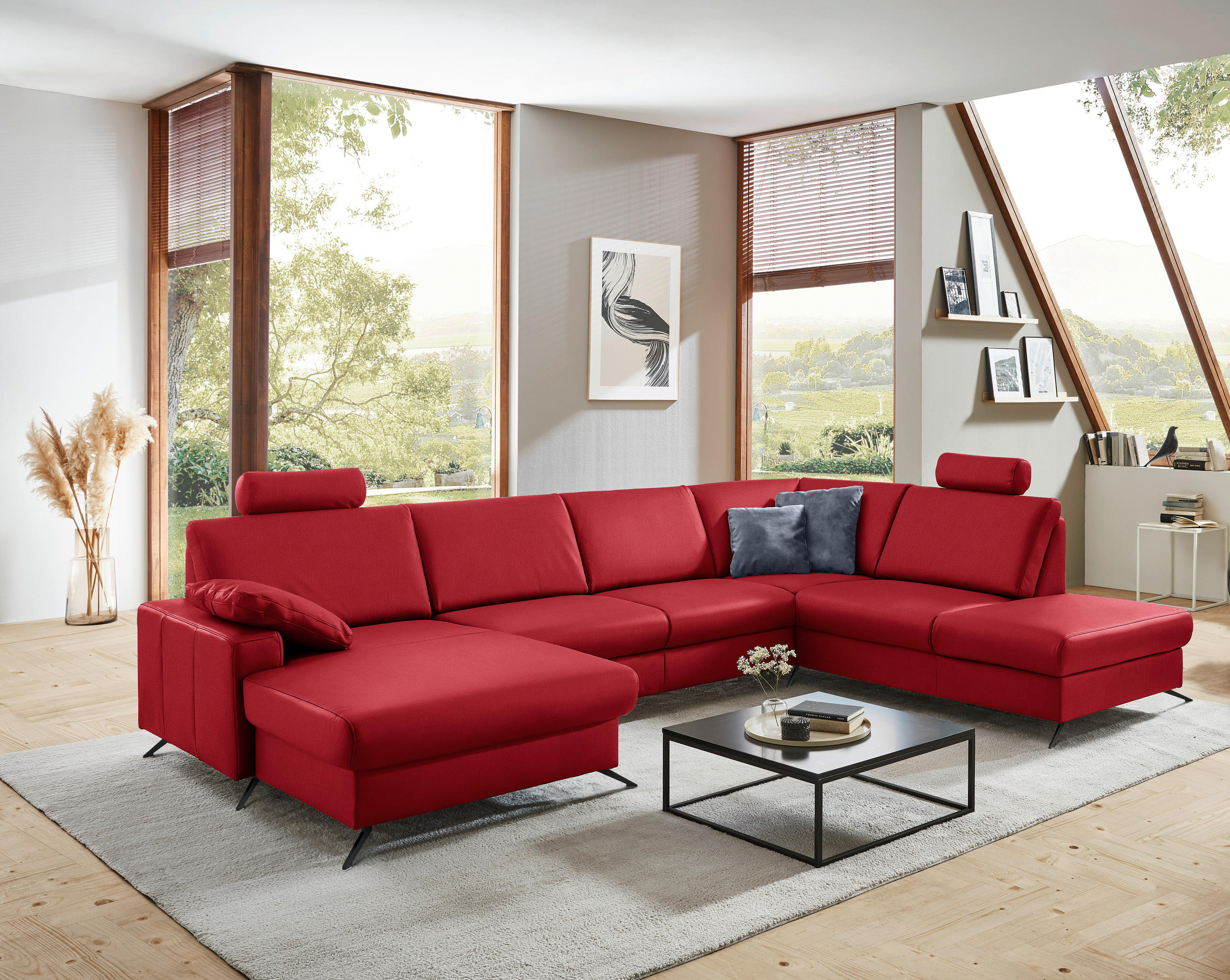 WOHNLANDSCHAFT in Echtleder Rot  - Rot/Schwarz, Design, Leder/Metall (165/339/233cm) - Beldomo Premium
