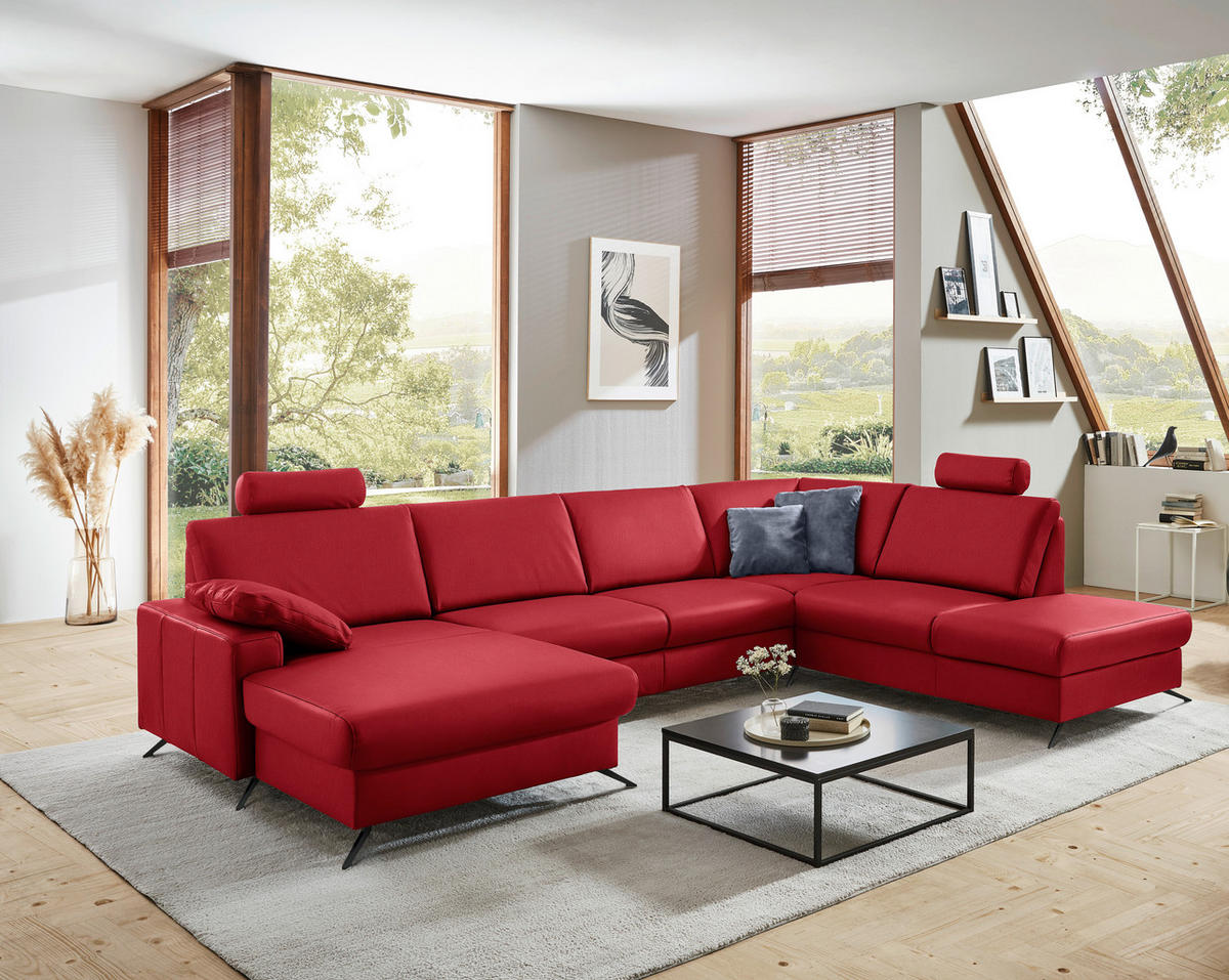 WOHNLANDSCHAFT in Echtleder Rot  - Rot/Schwarz, Design, Leder/Metall (165/339/233cm) - Beldomo Premium