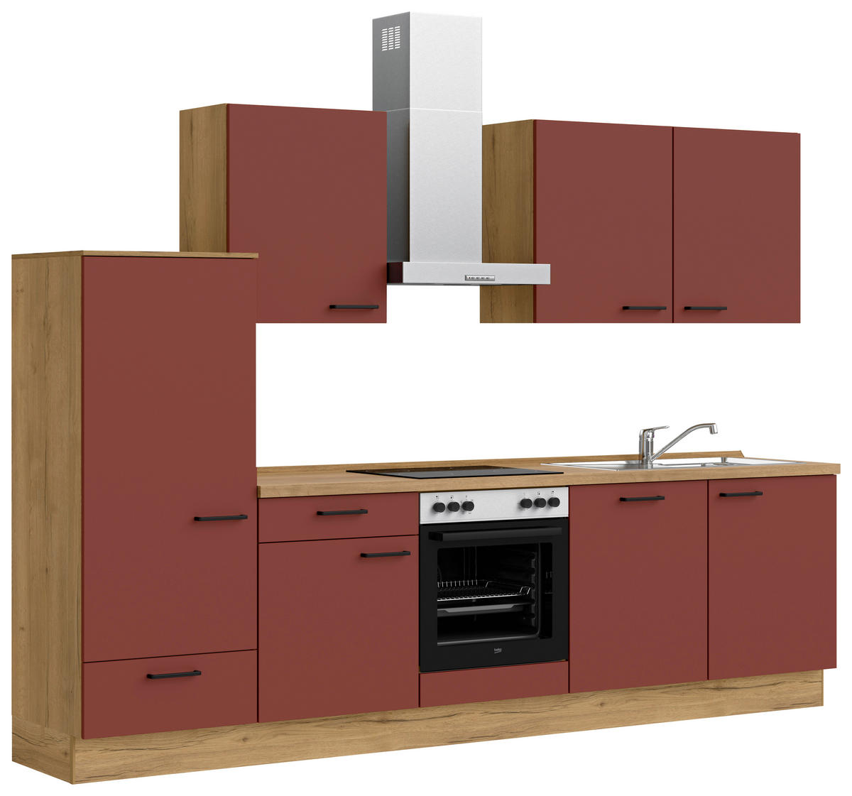 KÜCHENBLOCK Easytouch 300 cm  in Eichefarben, Dunkelrot  - Eichefarben/Schwarz, MODERN, Holzwerkstoff/Metall (300cm) - Nobilia