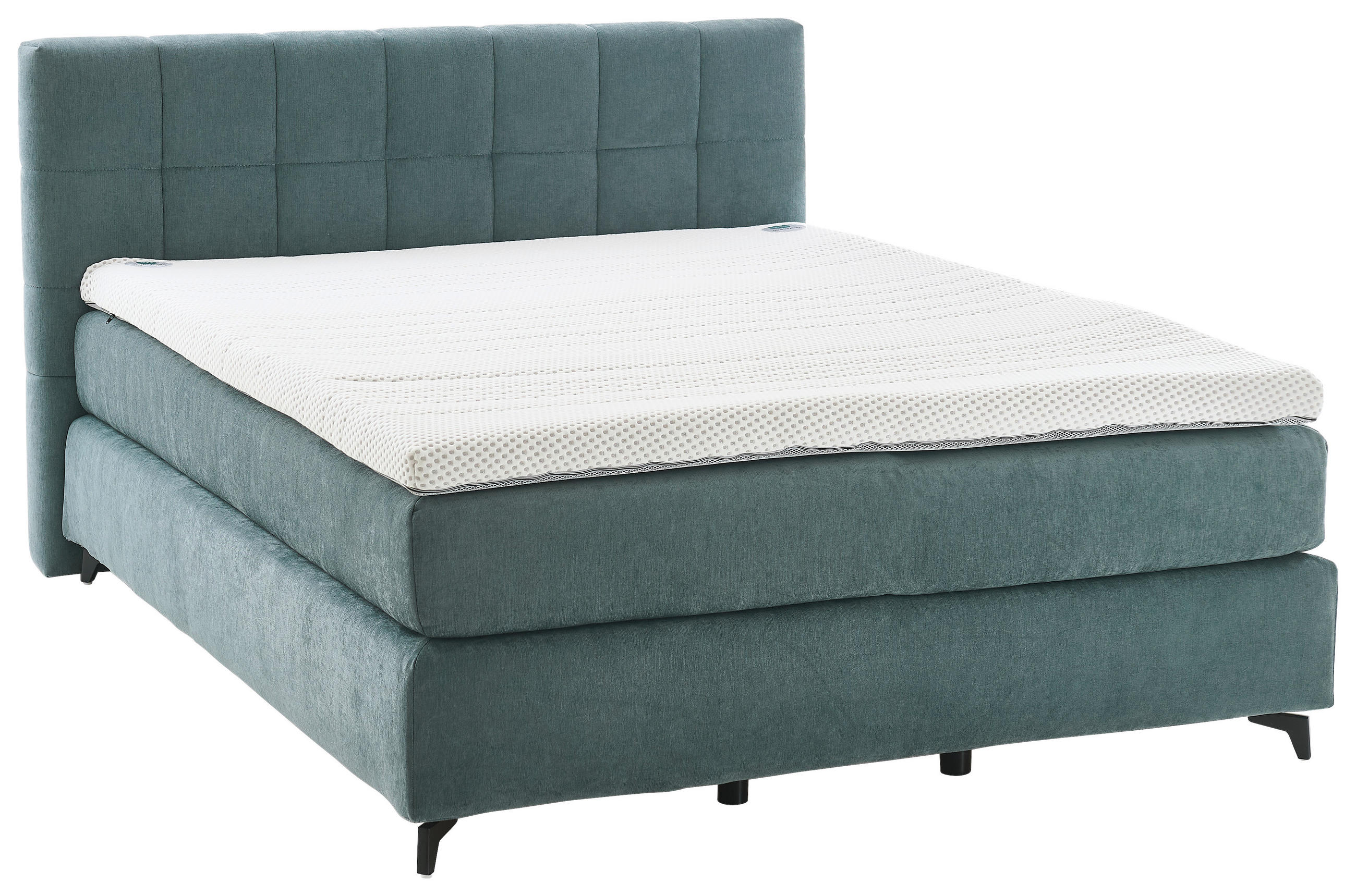 BOXSPRINGBETT 160/200 cm,  in Graublau, Matratze, gepolstertes Kopfteil, Topper, H2 + H3 = mittel + fest  - Graublau/Schwarz, MODERN, Textil/Metall (160/200cm) - Hukla