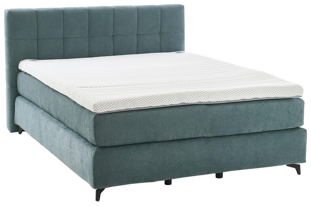 BOXSPRINGBETT 160/200 cm,  in Graublau, Matratze, gepolstertes Kopfteil, Topper, H2 + H3 = mittel + fest  - Graublau/Schwarz, MODERN, Textil/Metall (160/200cm) - Hukla