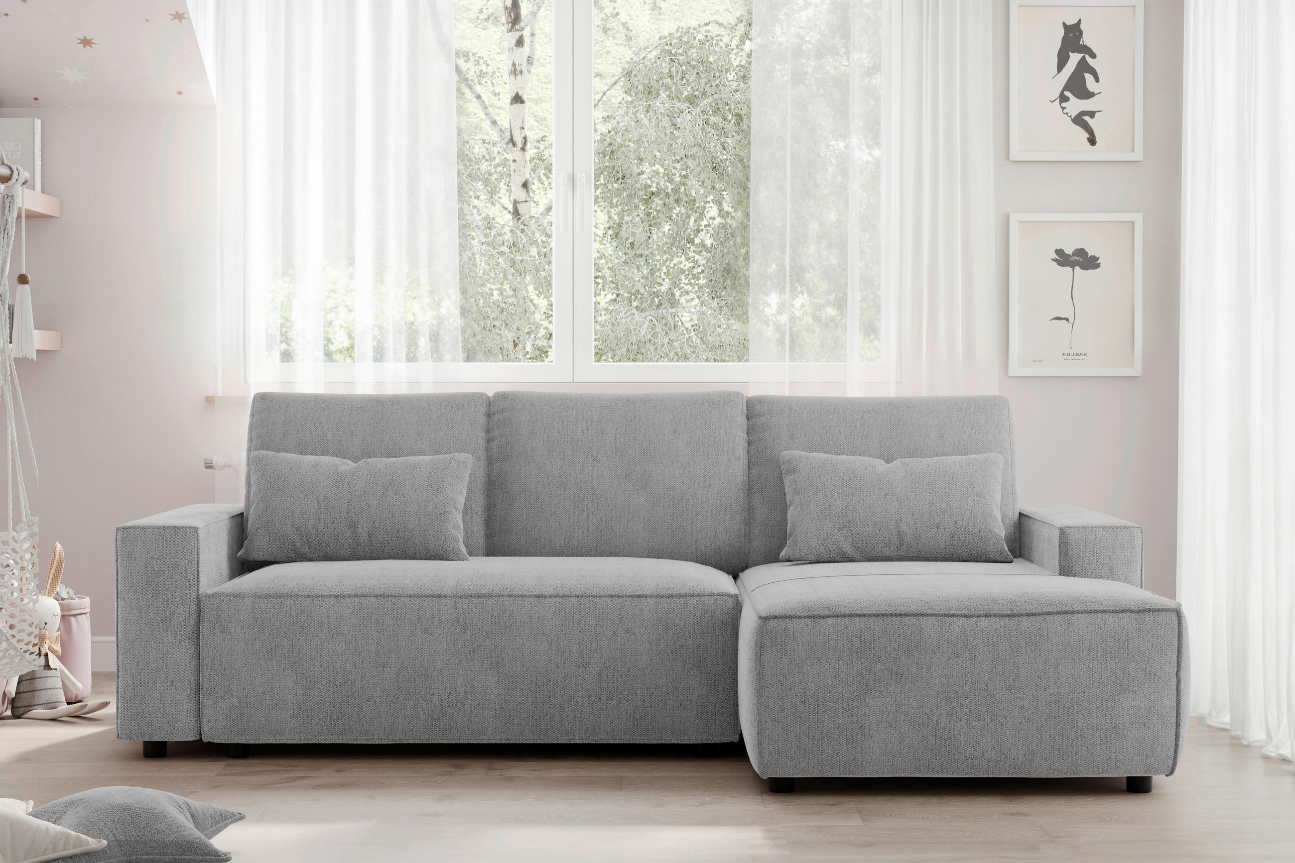 ECKSCHLAFSOFA in Chenille Silberfarben - Silberfarben/Schwarz, Modern, Kunststoff/Textil (247/154cm) - Livetastic