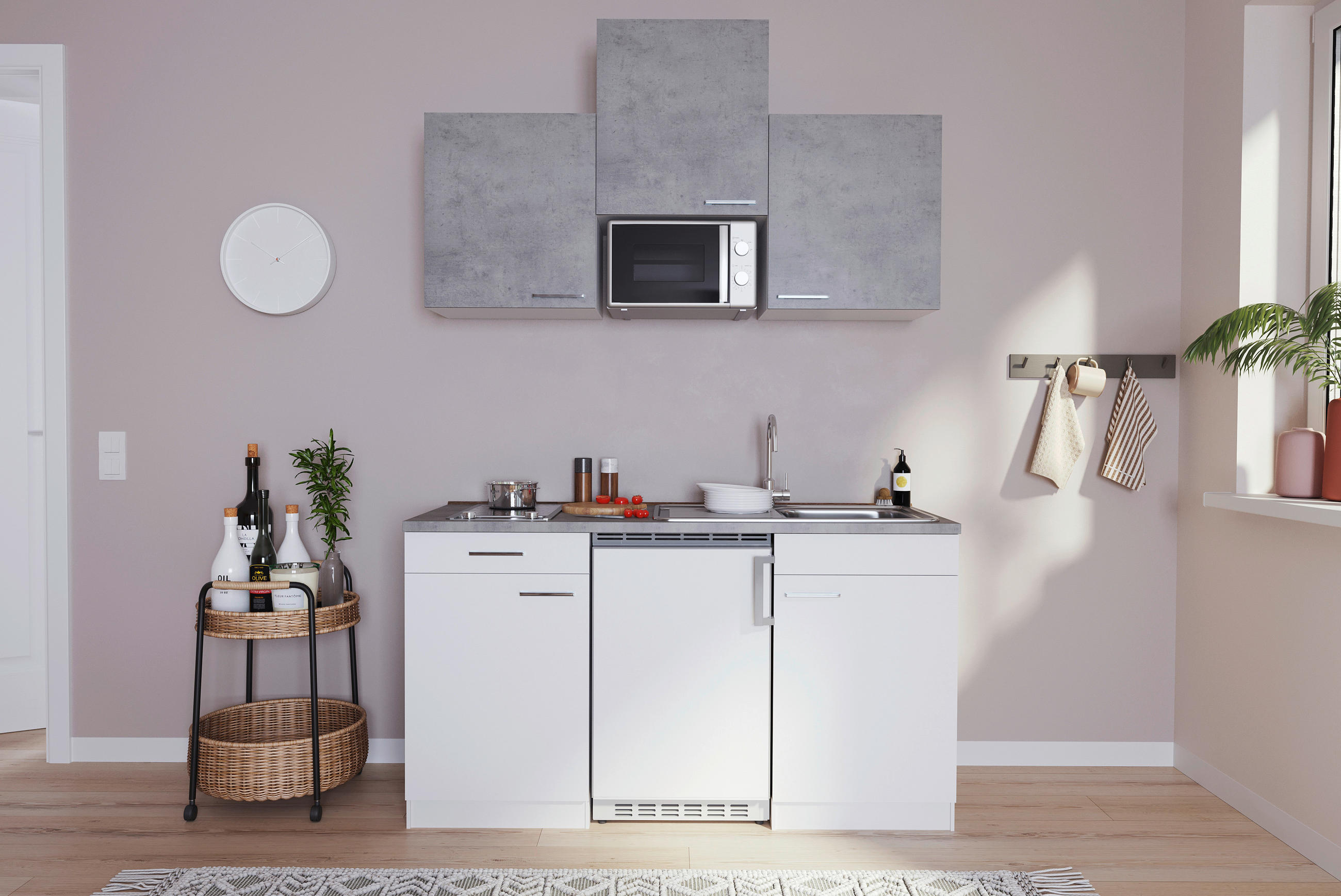 MINIKÜCHE 150 cm   in Grau, Weiß  - Alufarben/Weiß, KONVENTIONELL, Holzwerkstoff/Kunststoff (150cm) - Respekta