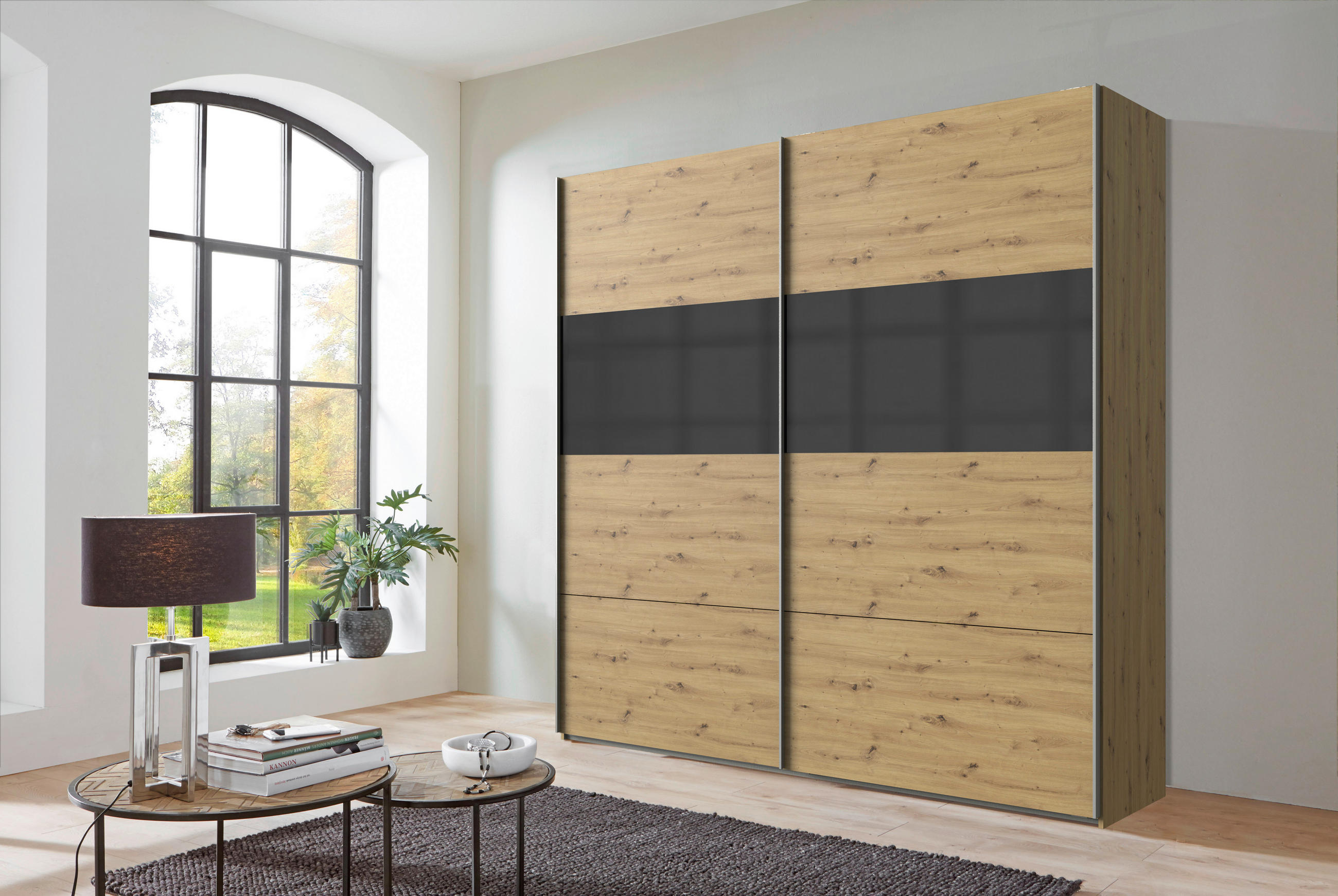 OMARA Z DRSNIMI VRATI, barve hrasta - barve hrasta/barve aluminija, Konvencionalno, kovina/leseni material (225/236/65cm) - Hom`in