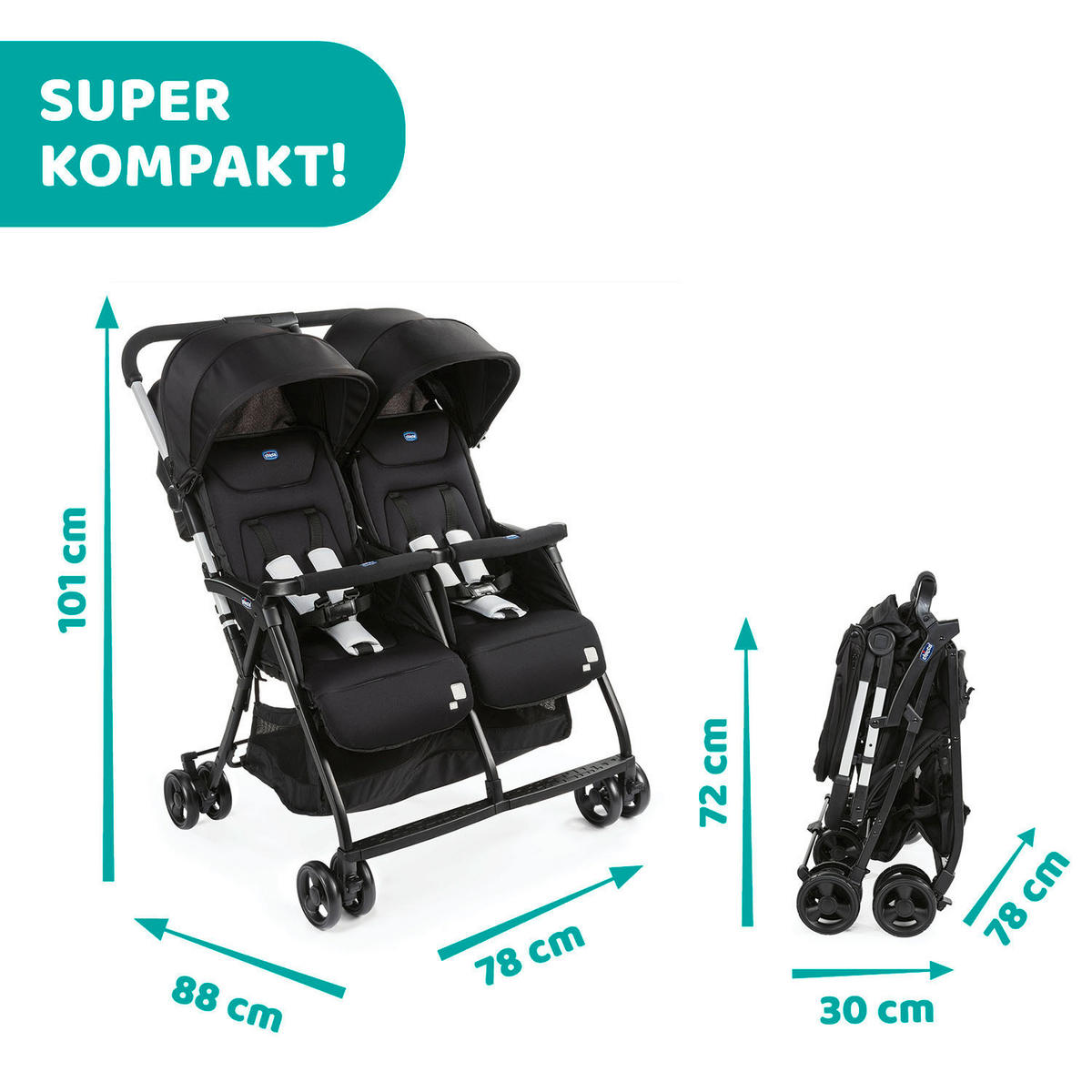 ZWILLINGSWAGEN OHLALÀ TWIN  - Schwarz, Basics, Metall (78/101/88cm) - Chicco